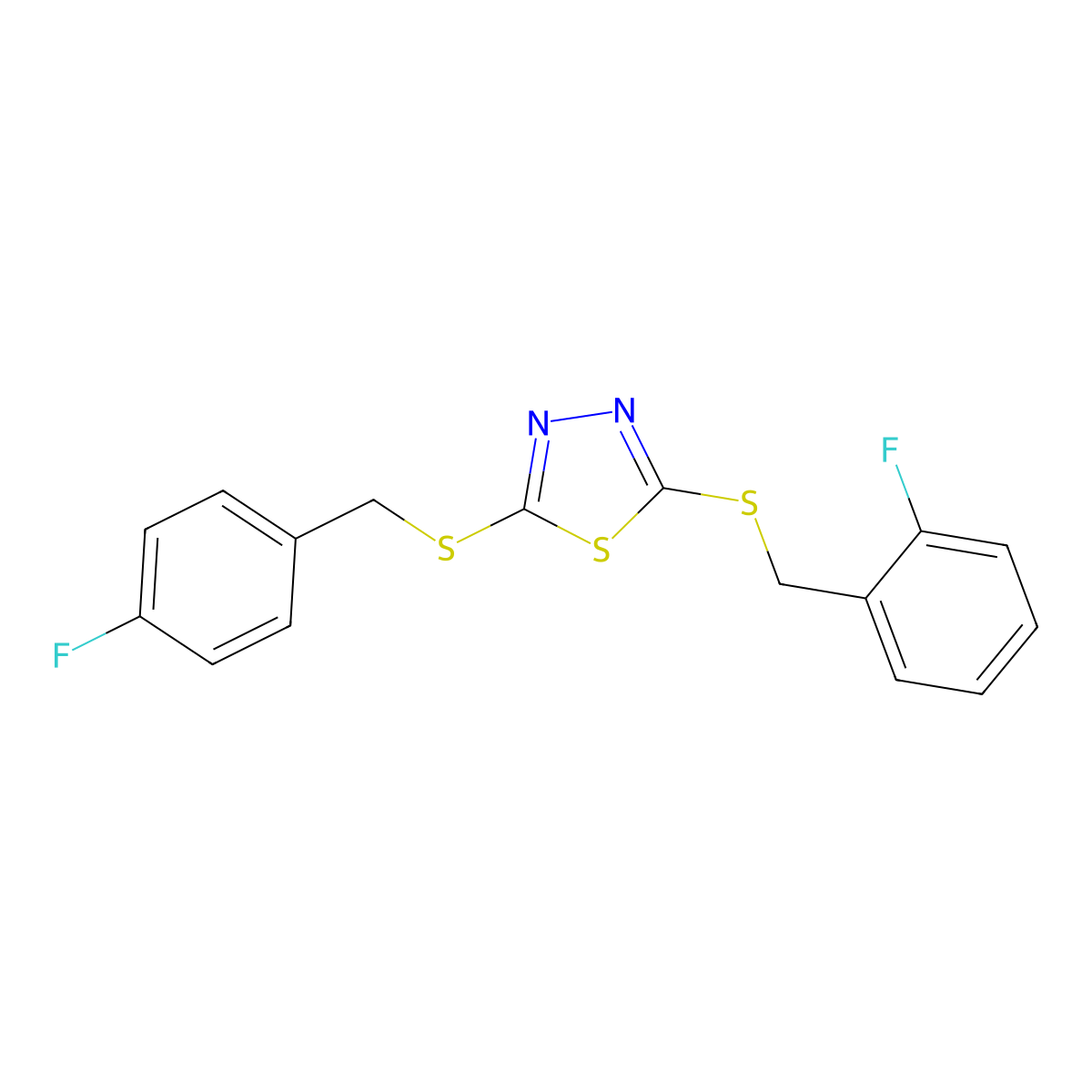2-((2-Fluorobenzyl)thio)-5-((4-fluorobenzyl)thio)-1,3,4-thiadiazole molecular structure, CAS 477330-73-7