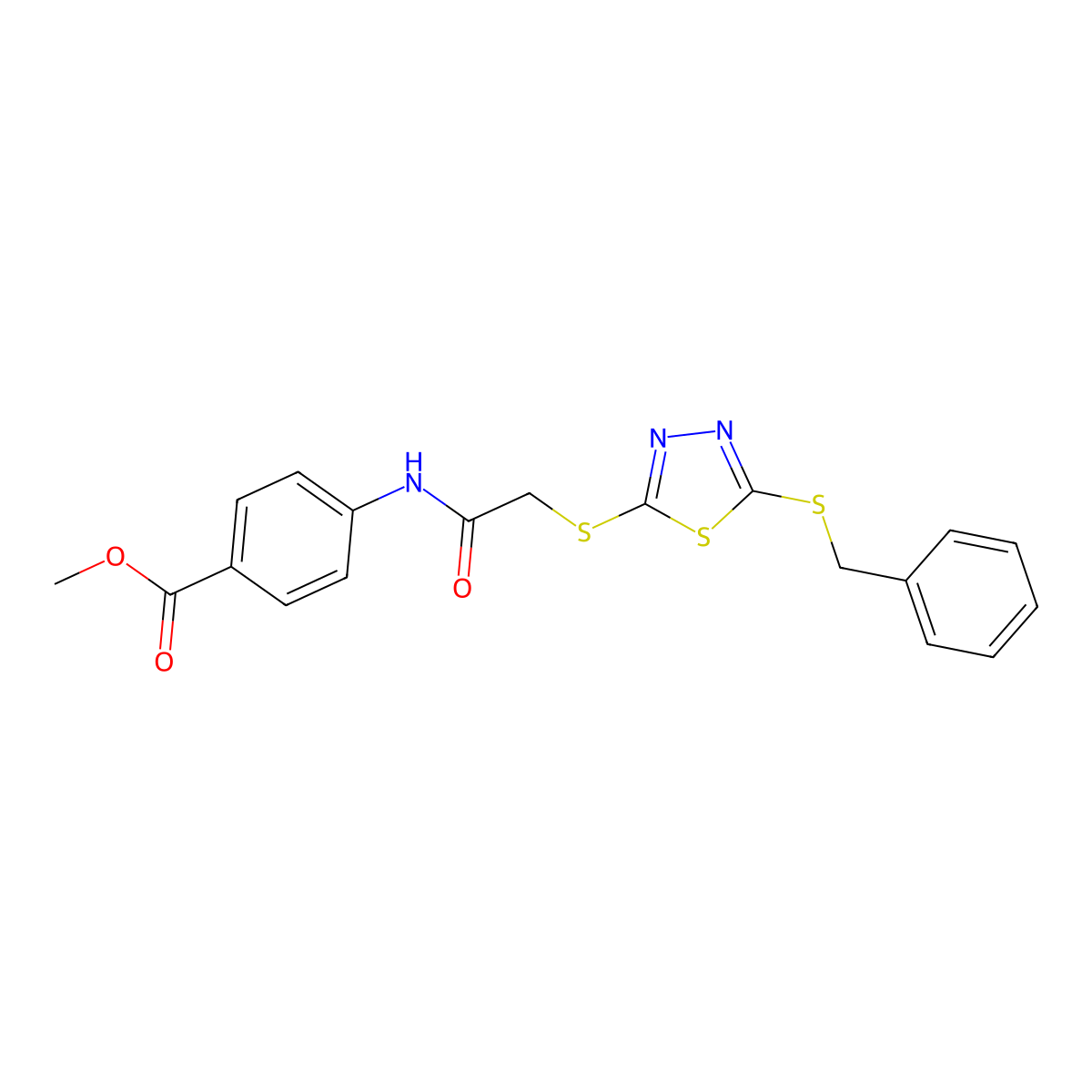 Methyl 4-((((5-(benzylthio)-1,3,4-thiadiazol-2-YL)thio)acetyl)amino)benzoate molecular structure, CAS 477330-85-1