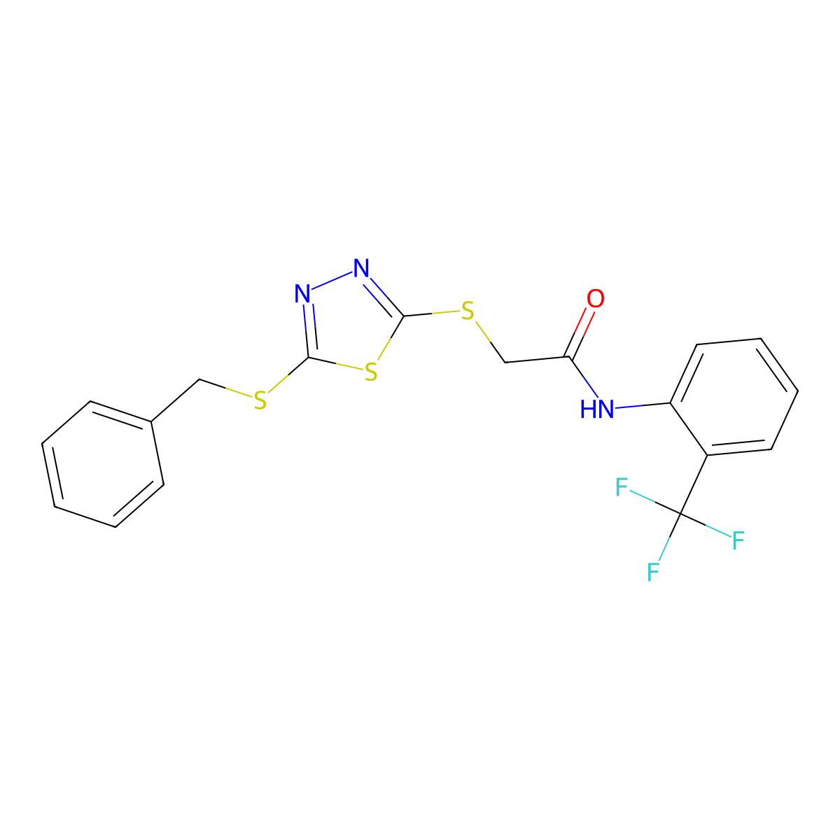 2-((5-(Benzylthio)-1,3,4-thiadiazol-2-YL)thio)N-(2-(trifluoromethyl)PH)acetamide molecular structure, CAS 477331-27-4