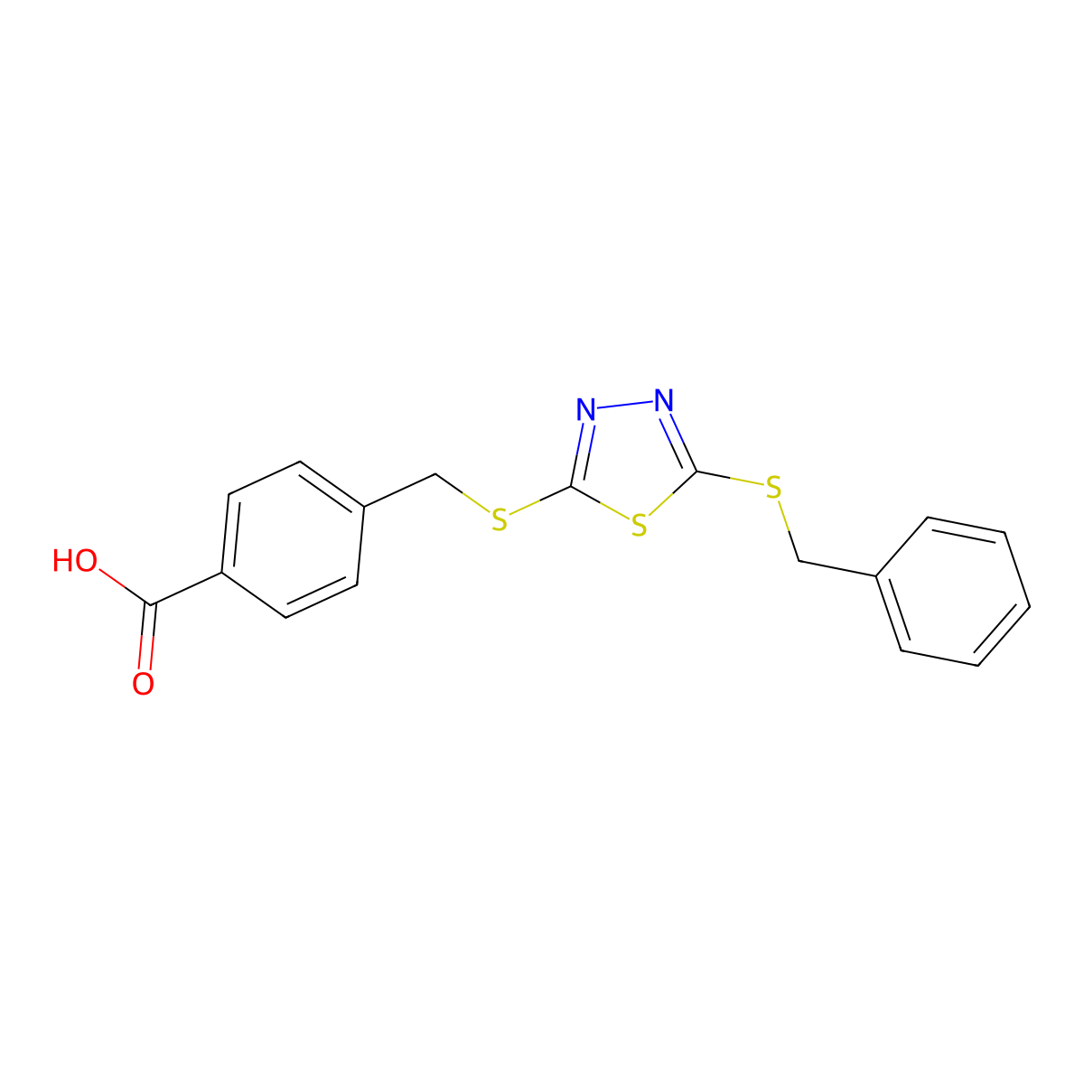 4-(((5-(Benzylthio)-1,3,4-thiadiazol-2-YL)thio)methyl)benzoic acid molecular structure, CAS 477331-33-2
