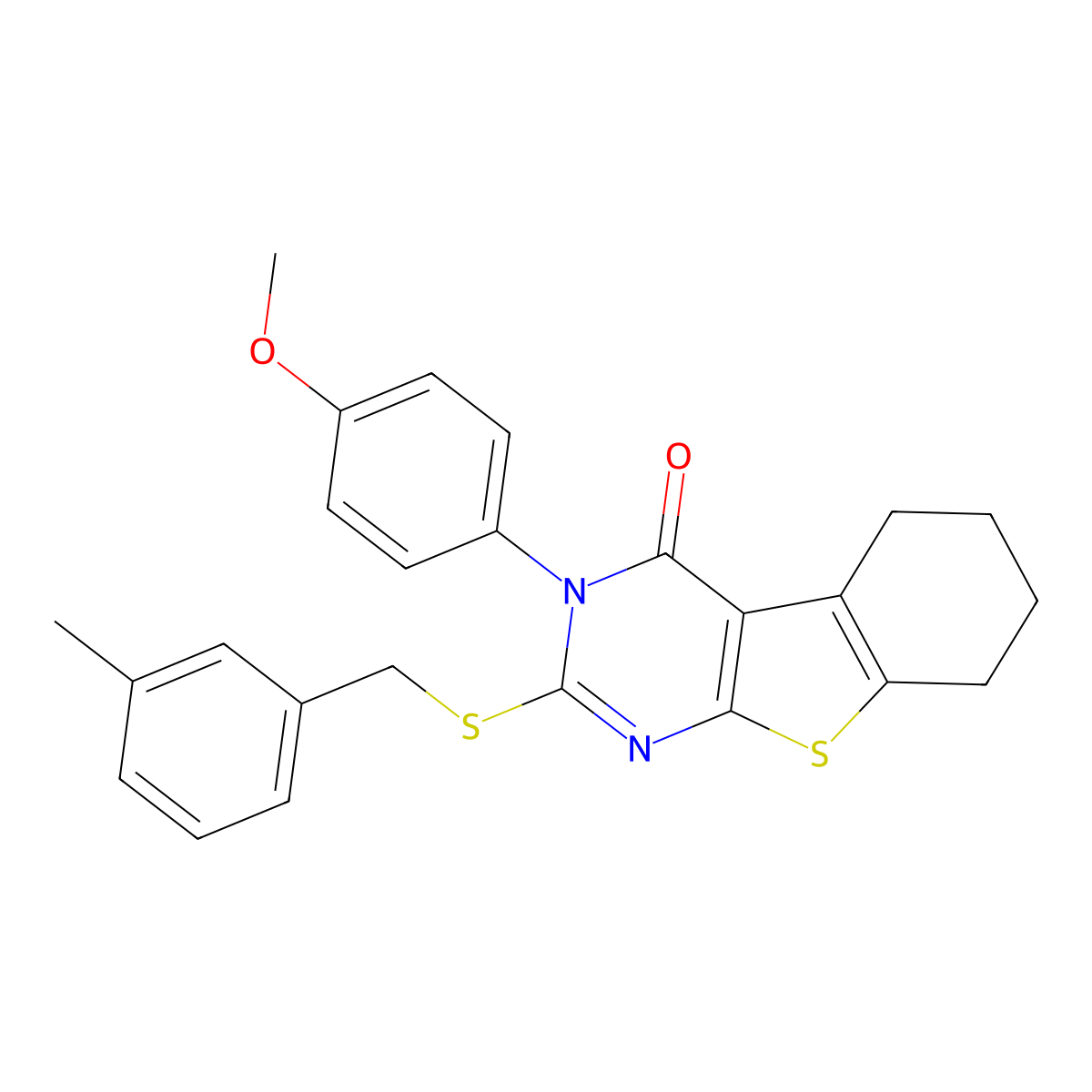3-(4-Methoxyphenyl)-2-((3-methylbenzyl)sulfanyl)-5,6,7,8-tetrahydro(1)benzothieno(2,3-D)pyrimidin-4(3H)-one molecular structure, CAS 477331-37-6