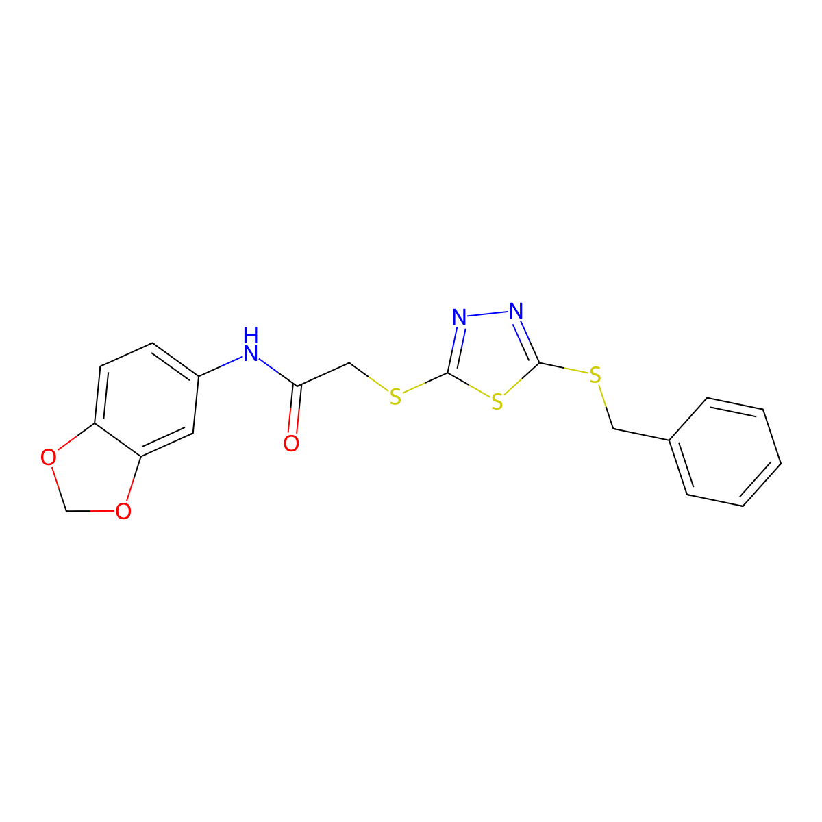 N-(1,3-Benzodioxol-5-YL)-2-((5-(benzylthio)-1,3,4-thiadiazol-2-YL)thio)acetamide molecular structure, CAS 477331-39-8