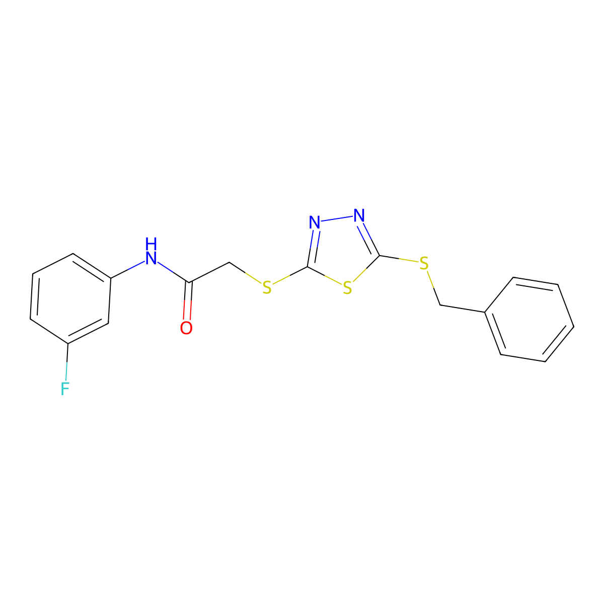 2-((5-(Benzylthio)-1,3,4-thiadiazol-2-YL)thio)-N-(3-fluorophenyl)acetamide molecular structure, CAS 477331-44-5