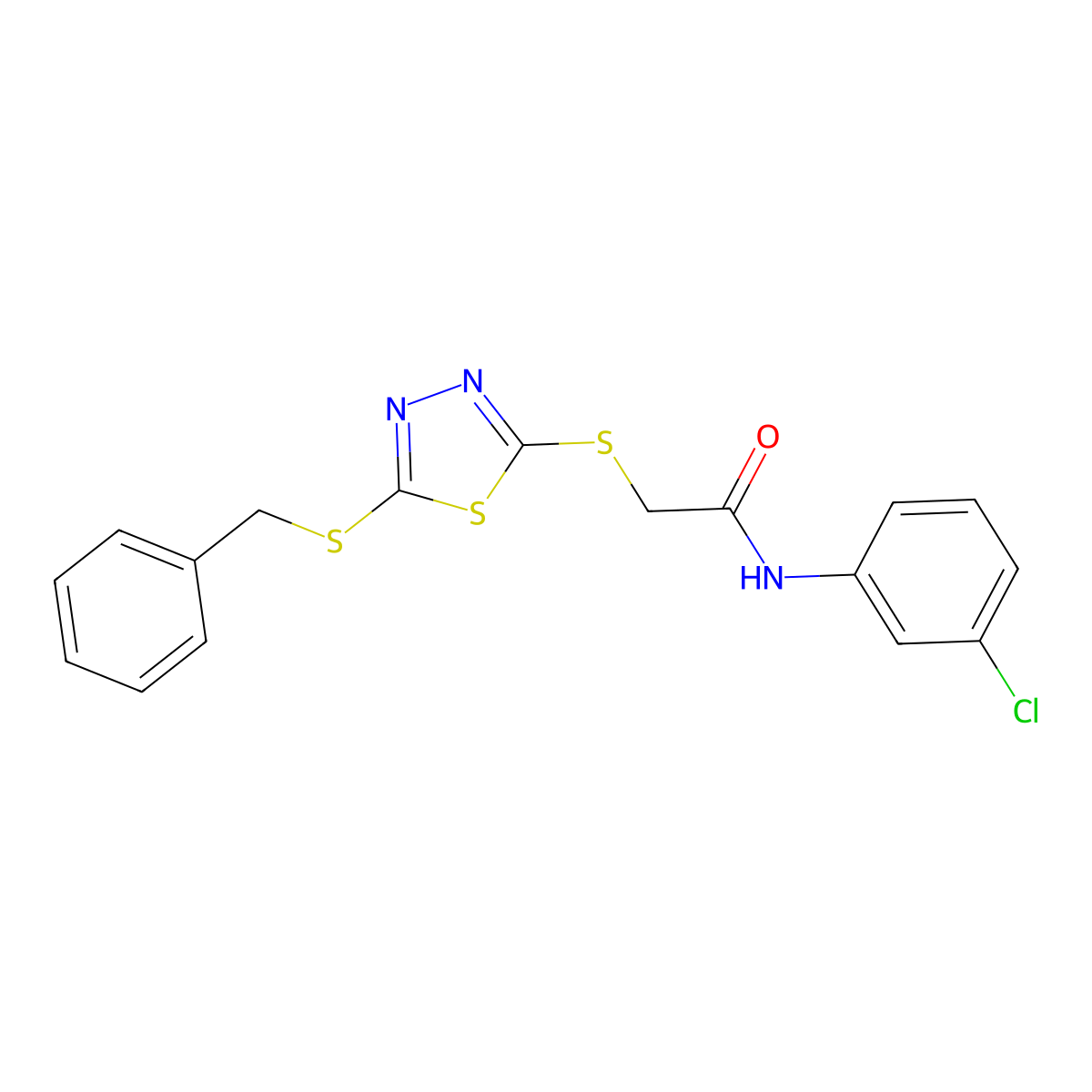 2-((5-(Benzylthio)-1,3,4-thiadiazol-2-YL)thio)-N-(3-chlorophenyl)acetamide molecular structure, CAS 477331-45-6