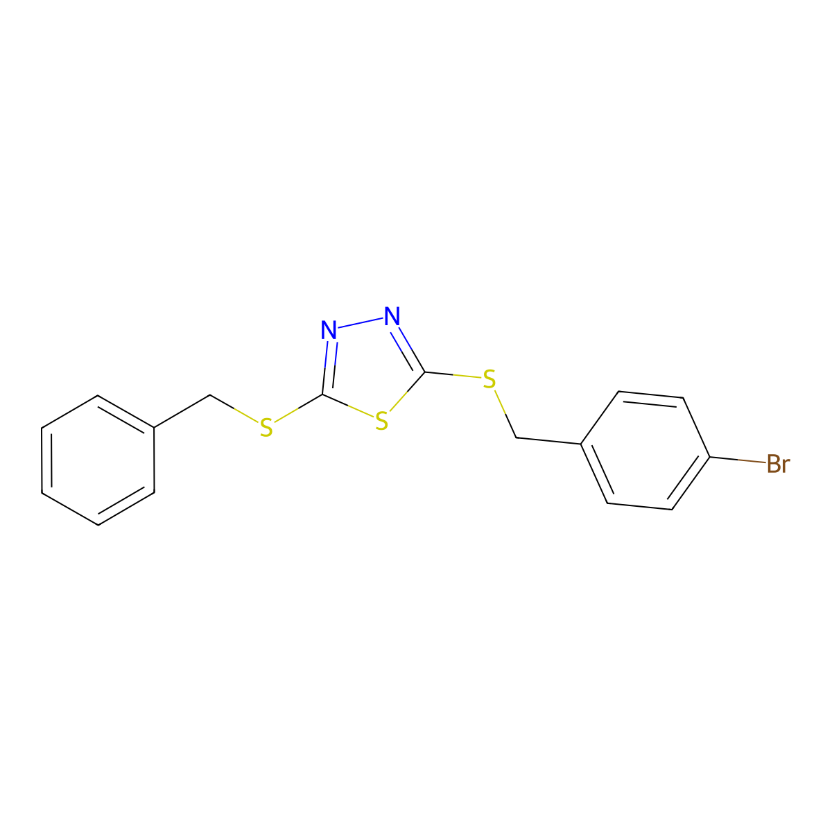 2-(Benzylthio)-5-((4-bromobenzyl)thio)-1,3,4-thiadiazole molecular structure, CAS 477331-46-7