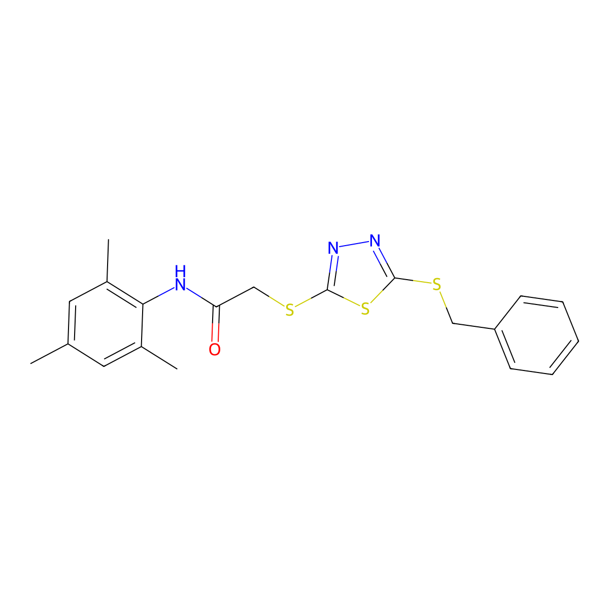 2-((5-(Benzylthio)-1,3,4-thiadiazol-2-YL)thio)-N-mesitylacetamide molecular structure, CAS 477331-60-5
