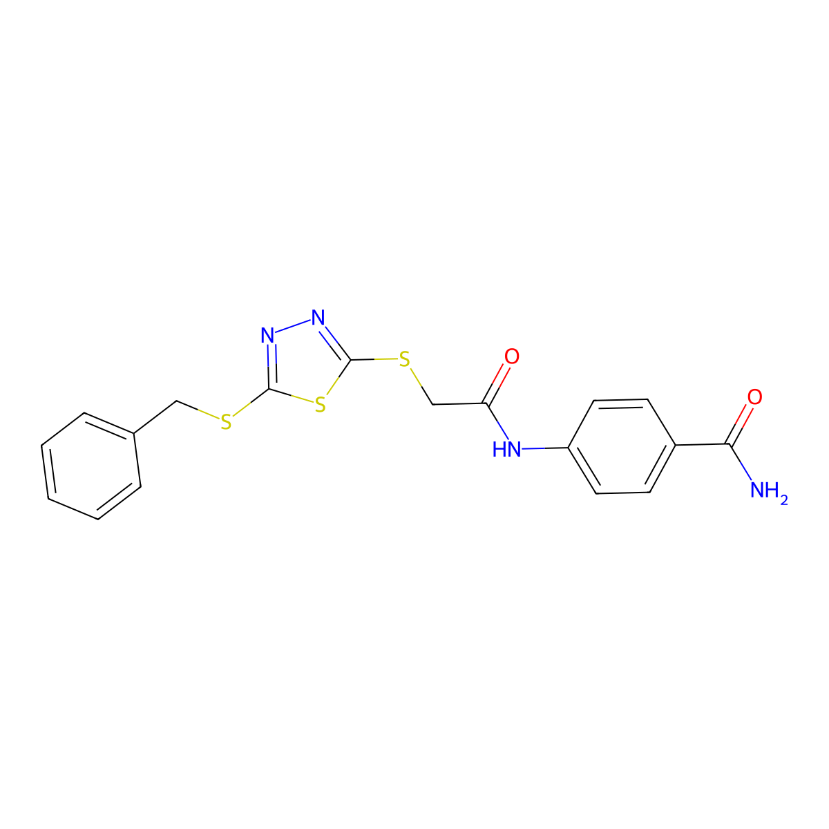 4-((((5-(Benzylthio)-1,3,4-thiadiazol-2-YL)thio)acetyl)amino)benzamide molecular structure, CAS 477332-73-3