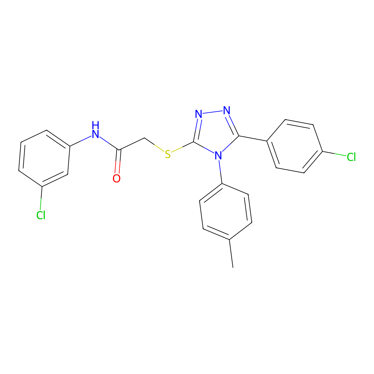 N-(3-Chlorophenyl)-2-((5-(4-chlorophenyl)-4-(4-methylphenyl)-4H-1,2,4-triazol-3-YL)sulfanyl)acetamide molecular structure, CAS 477332-76-6