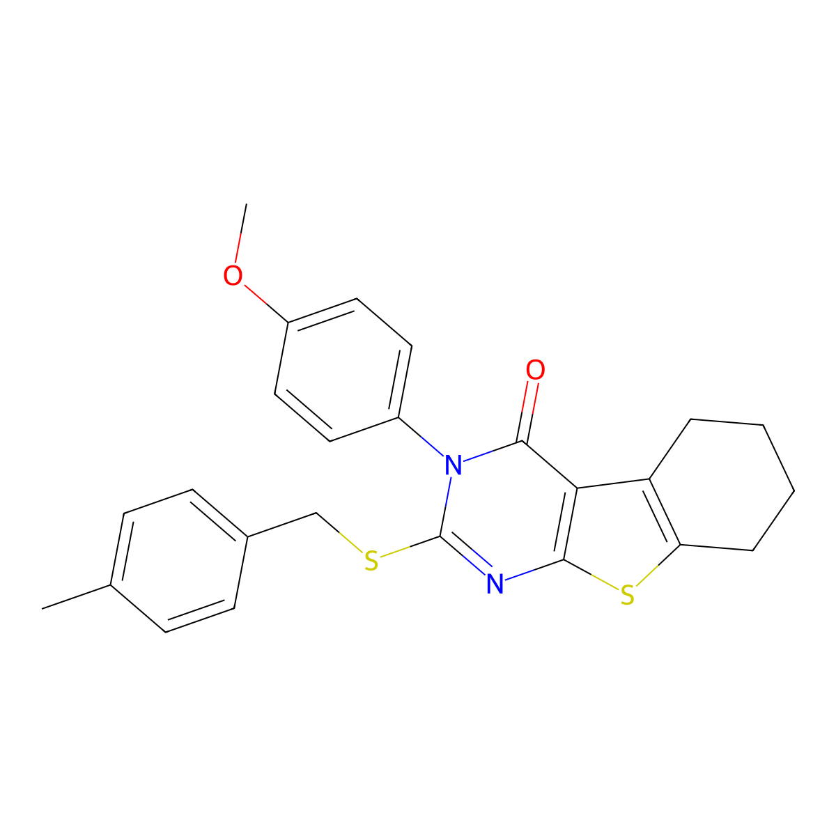 3-(4-Methoxyphenyl)-2-((4-methylbenzyl)sulfanyl)-5,6,7,8-tetrahydro(1)benzothieno(2,3-D)pyrimidin-4(3H)-one molecular structure, CAS 477332-81-3