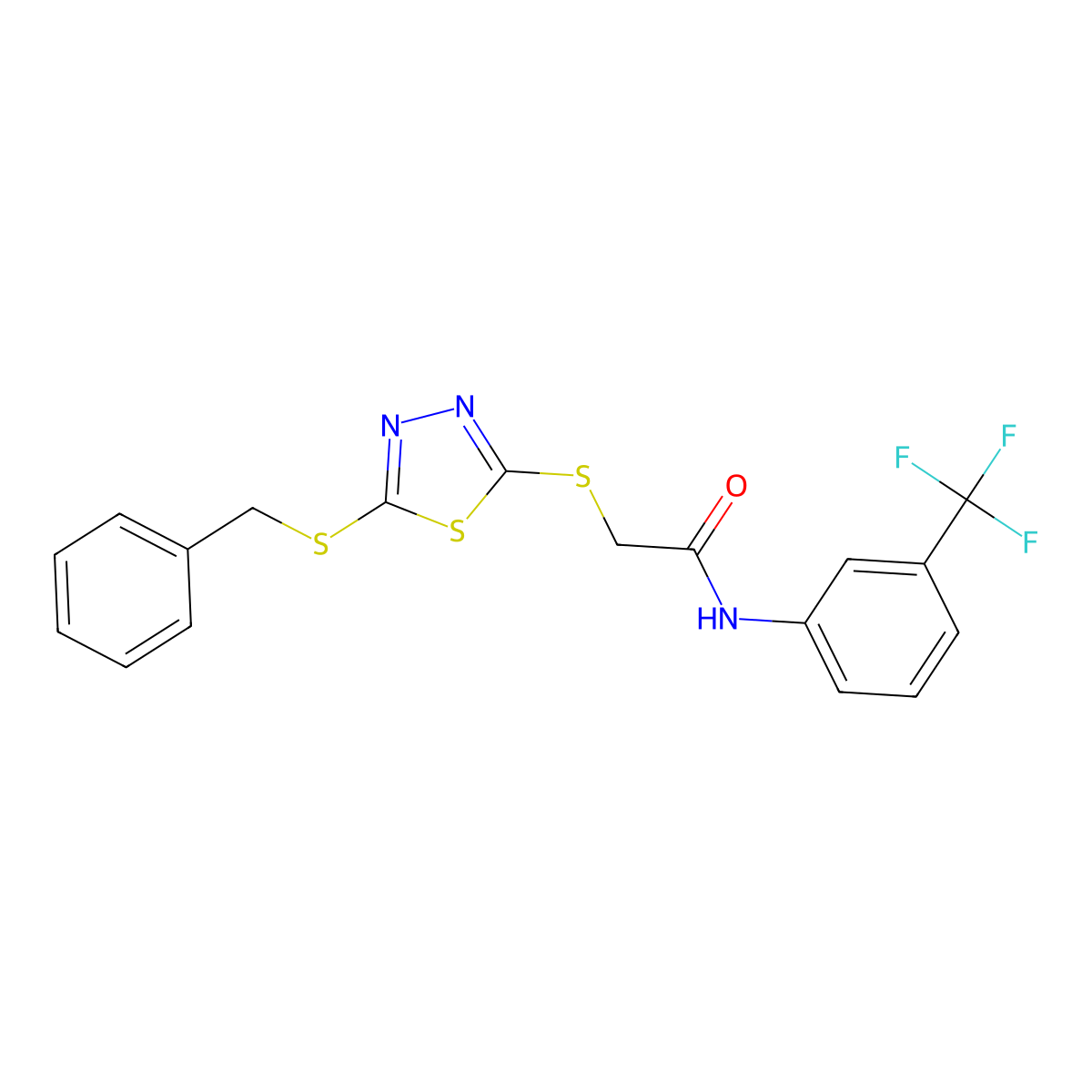 2-((5-(Benzylthio)-1,3,4-thiadiazol-2-YL)thio)N-(3-(trifluoromethyl)PH)acetamide molecular structure, CAS 477333-01-0