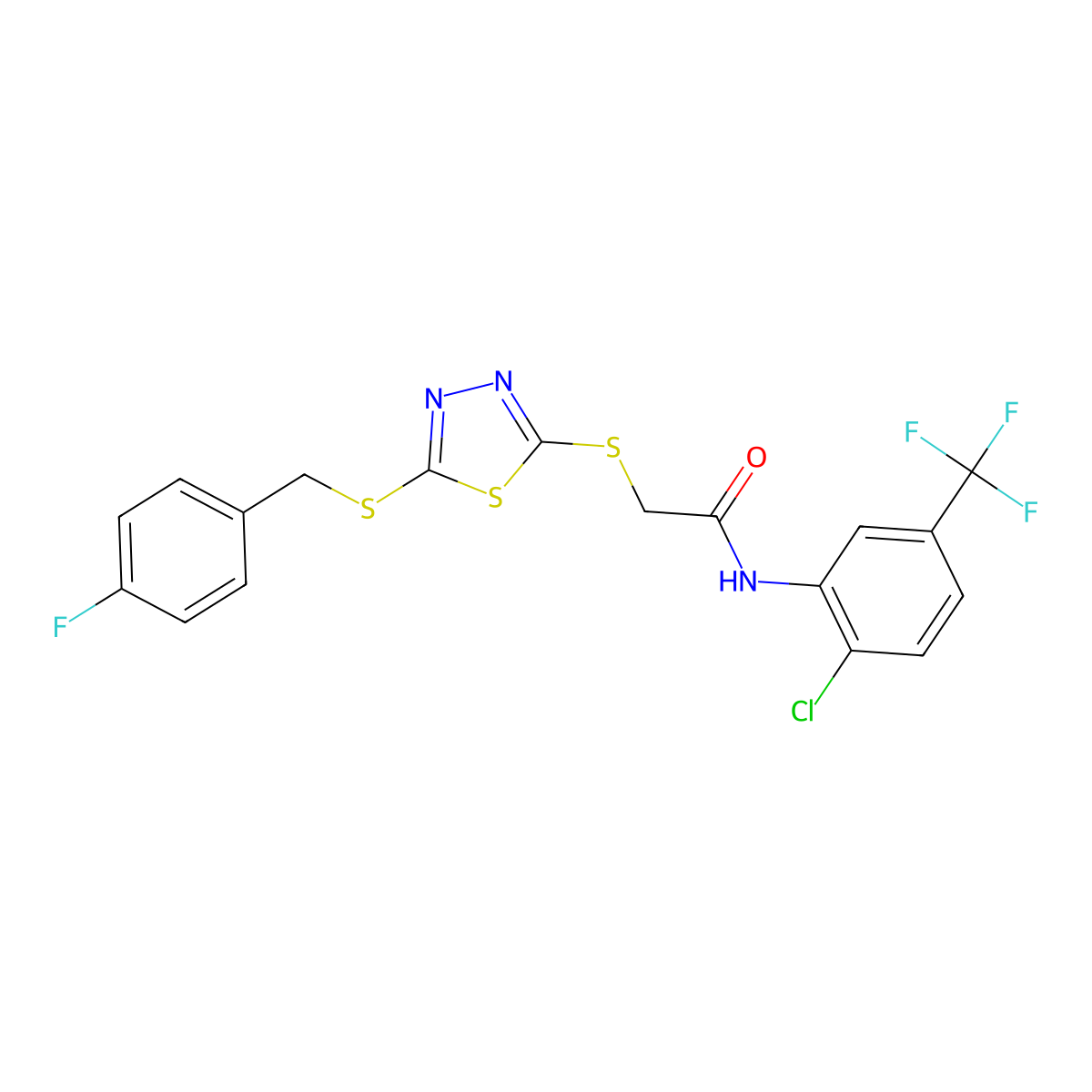 N-(2-Chloro-5-(trifluoromethyl)phenyl)-2-((5-((4-fluorobenzyl)sulfanyl)-1,3,4-thiadiazol-2-YL)sulfanyl)acetamide molecular structure, CAS 477333-35-0