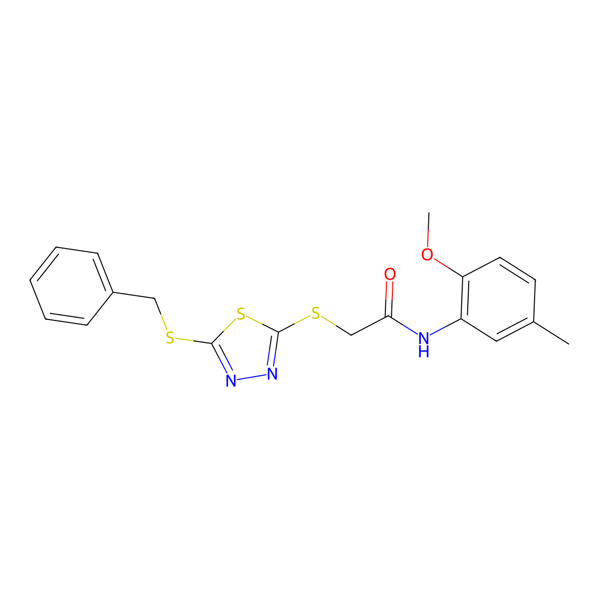2-((5-(Benzylthio)-1,3,4-thiadiazol-2-YL)thio)-N-(2-meo-5-methylphenyl)acetamide molecular structure, CAS 477333-39-4