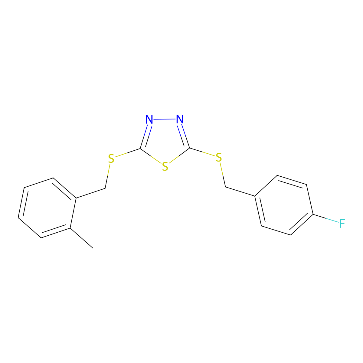 2-((4-Fluorobenzyl)thio)-5-((2-methylbenzyl)thio)-1,3,4-thiadiazole molecular structure, CAS 477333-50-9