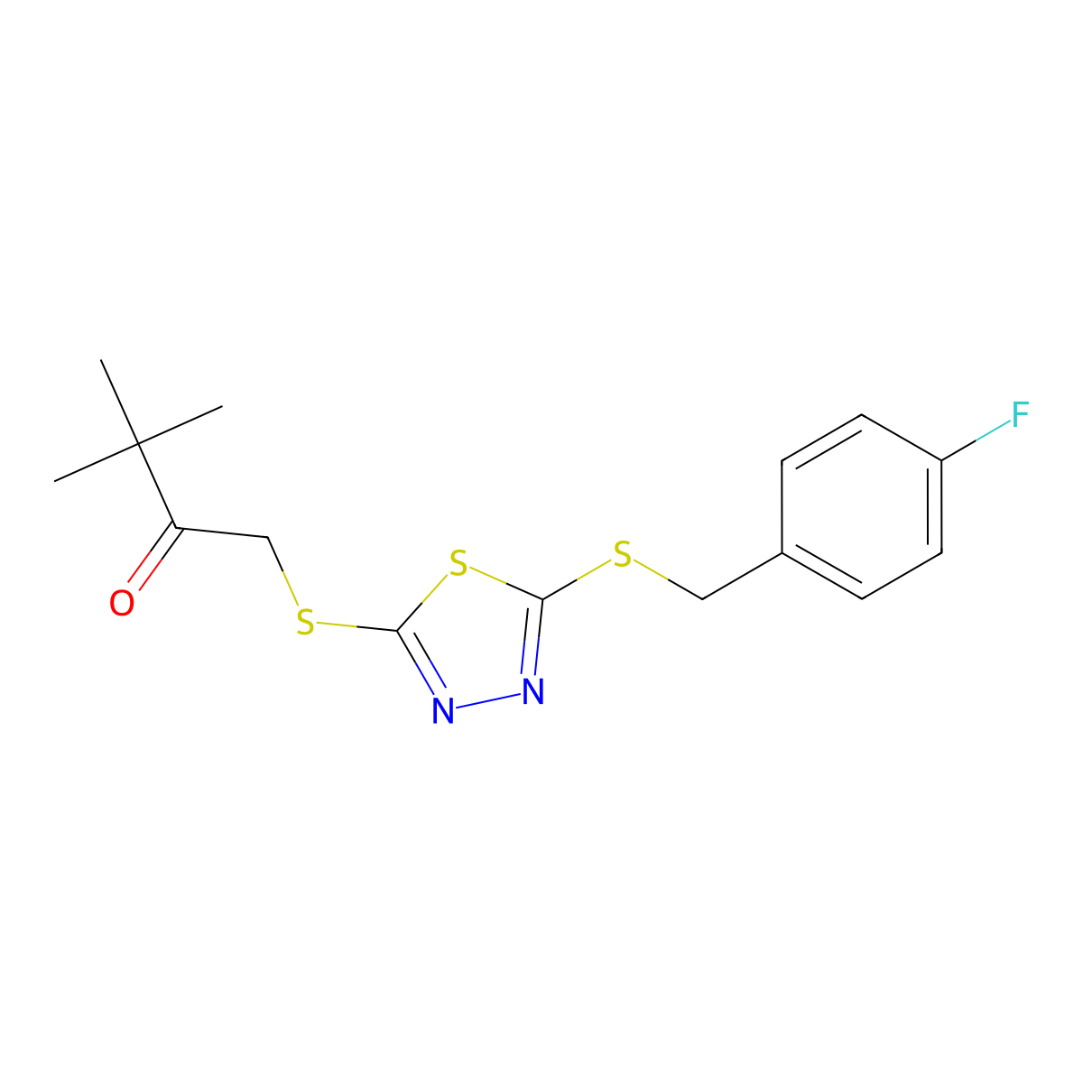 1-((5-((4-Fluorobenzyl)thio)-1,3,4-thiadiazol-2-YL)thio)-3,3-dimethyl-2-butanone molecular structure, CAS 477333-53-2