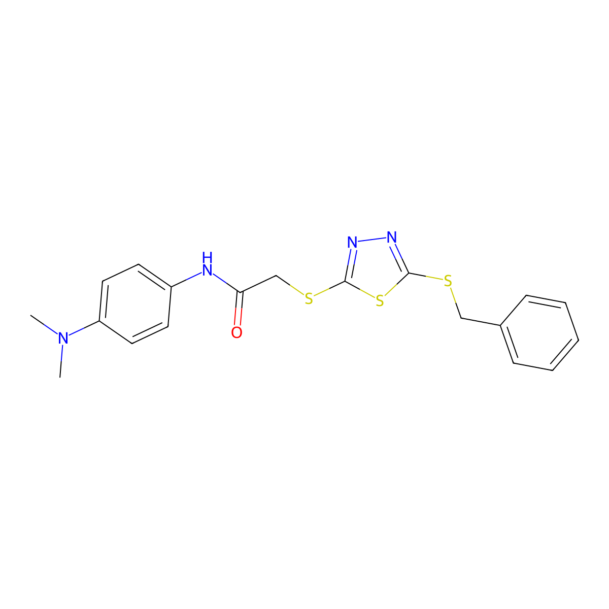 2-((5-(Benzylthio)-1,3,4-thiadiazol-2-YL)thio)-N-(4-(dimethylamino)PH)acetamide molecular structure, CAS 477333-55-4
