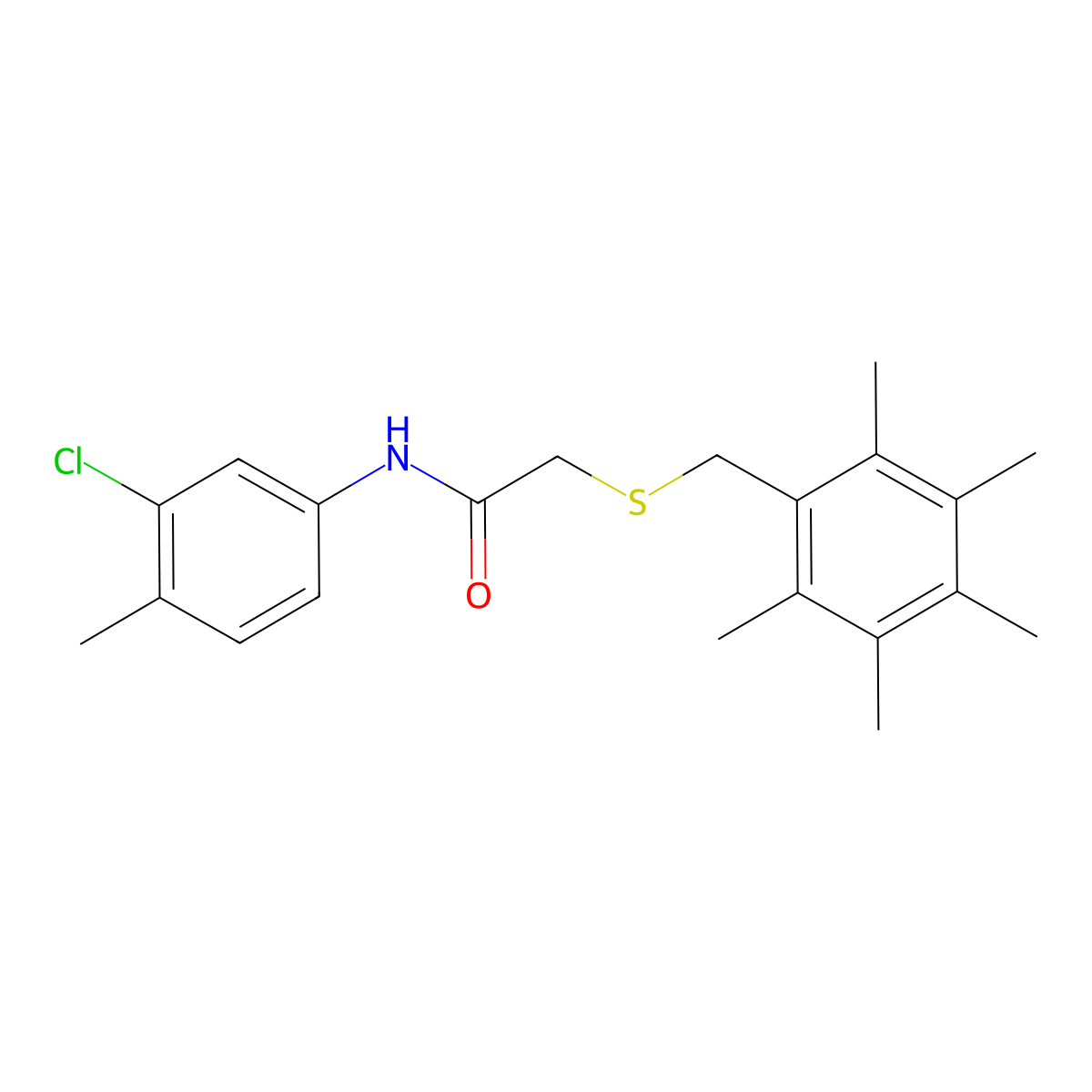 N-(3-Chloro-4-methylphenyl)-2-((2,3,4,5,6-pentamethylbenzyl)thio)acetamide molecular structure, CAS 477334-07-9