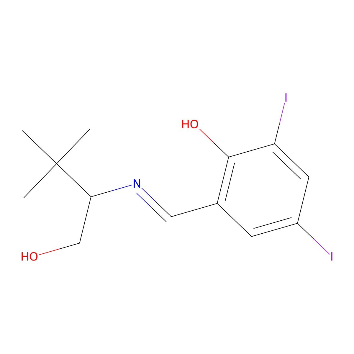 (S)-(-)-2-((1-Hydroxy-3,3-dimethylbutan-2-ylimino)methyl)-4,6-diiodophenol molecular structure, CAS 477339-39-2