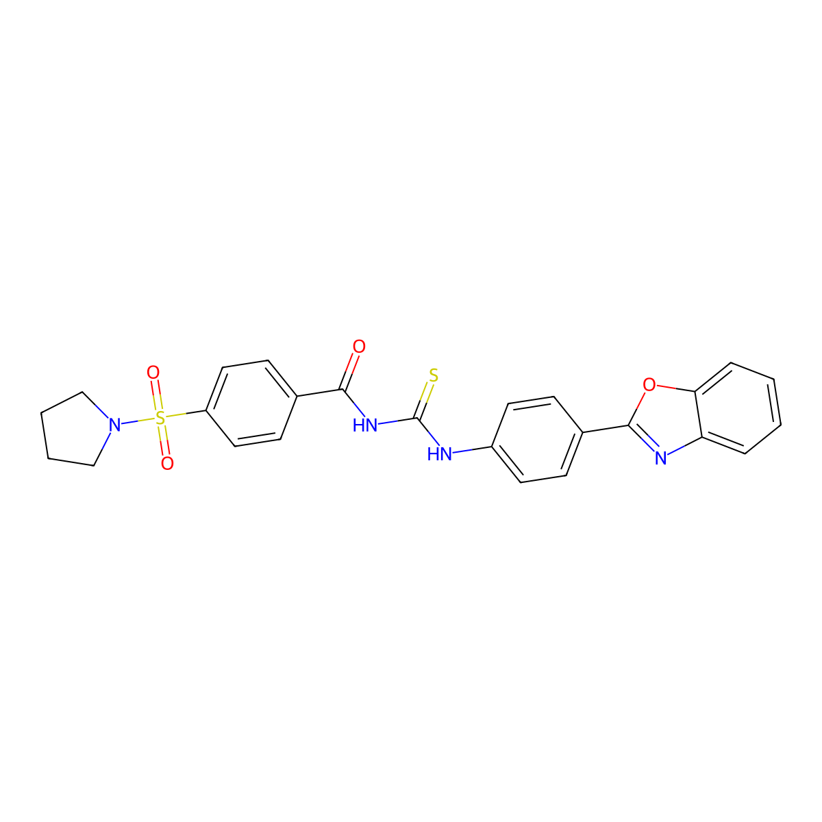 N-((4-(benzo[d]oxazol-2-yl)phenyl)carbamothioyl)-4-(pyrrolidin-1-ylsulfonyl)benzamide molecular structure, CAS 477486-01-4