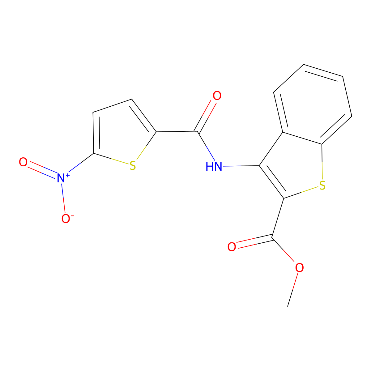 Methyl 3-(5-nitrothiophene-2-carboxamido)benzo[b]thiophene-2-carboxylate molecular structure, CAS 477490-34-9