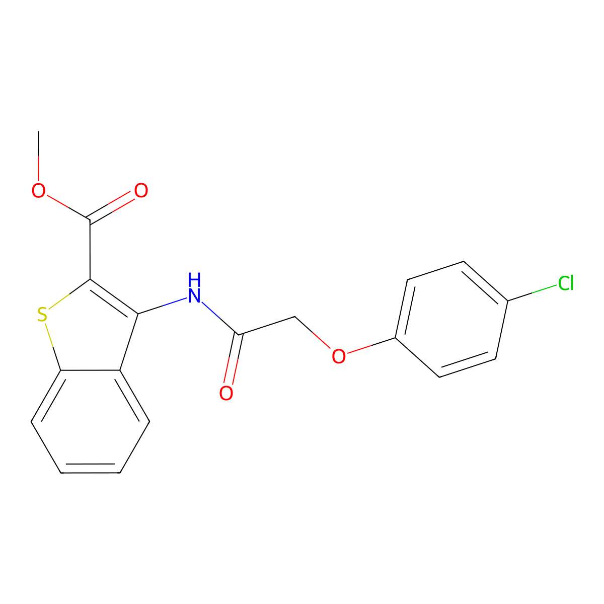 Methyl 3-(2-(4-chlorophenoxy)acetamido)benzo[b]thiophene-2-carboxylate molecular structure, CAS 477490-46-3