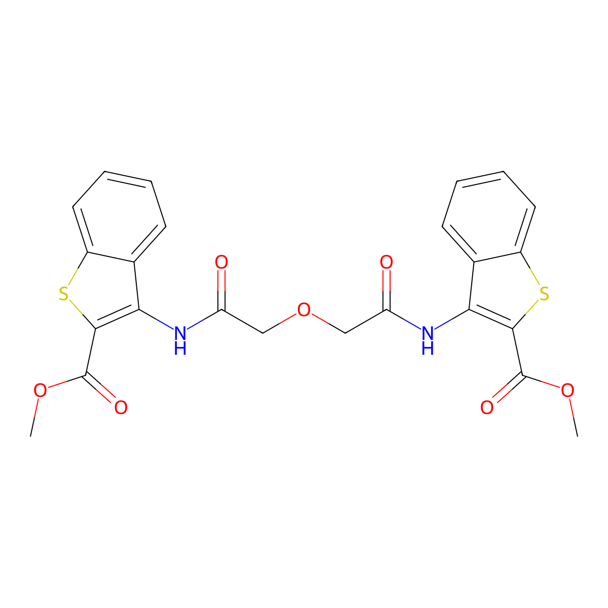 Methyl 3-[[2-[2-[(2-methoxycarbonyl-1-benzothiophen-3-yl)amino]-2-oxoethoxy]acetyl]amino]-1-benzothiophene-2-carboxylate molecular structure, CAS 477490-51-0