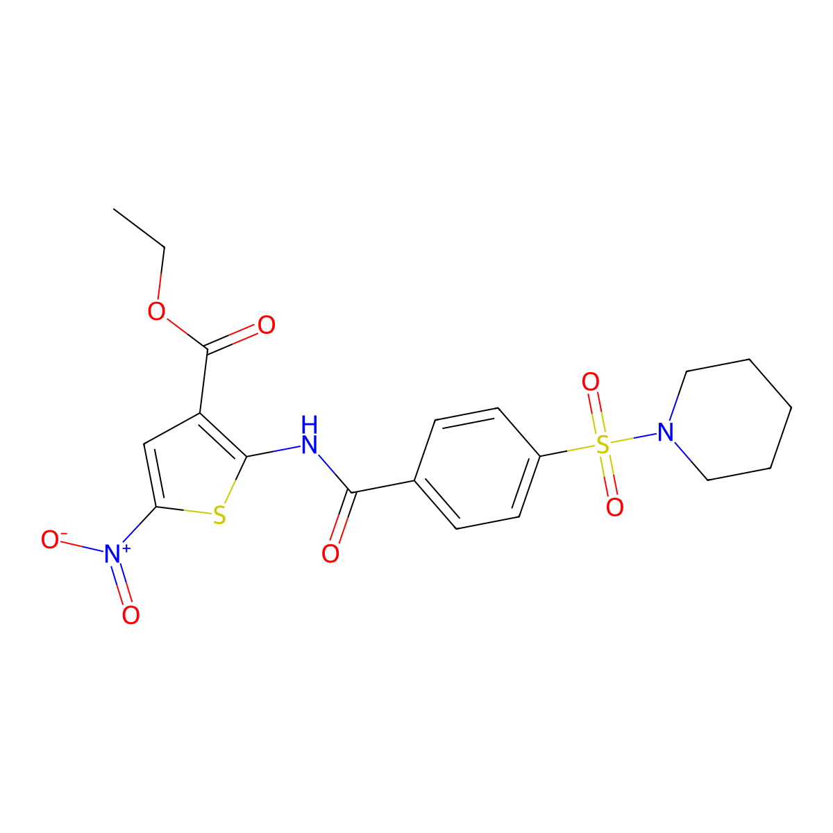 Ethyl 5-nitro-2-(4-(piperidin-1-ylsulfonyl)benzamido)thiophene-3-carboxylate molecular structure, CAS 477490-96-3