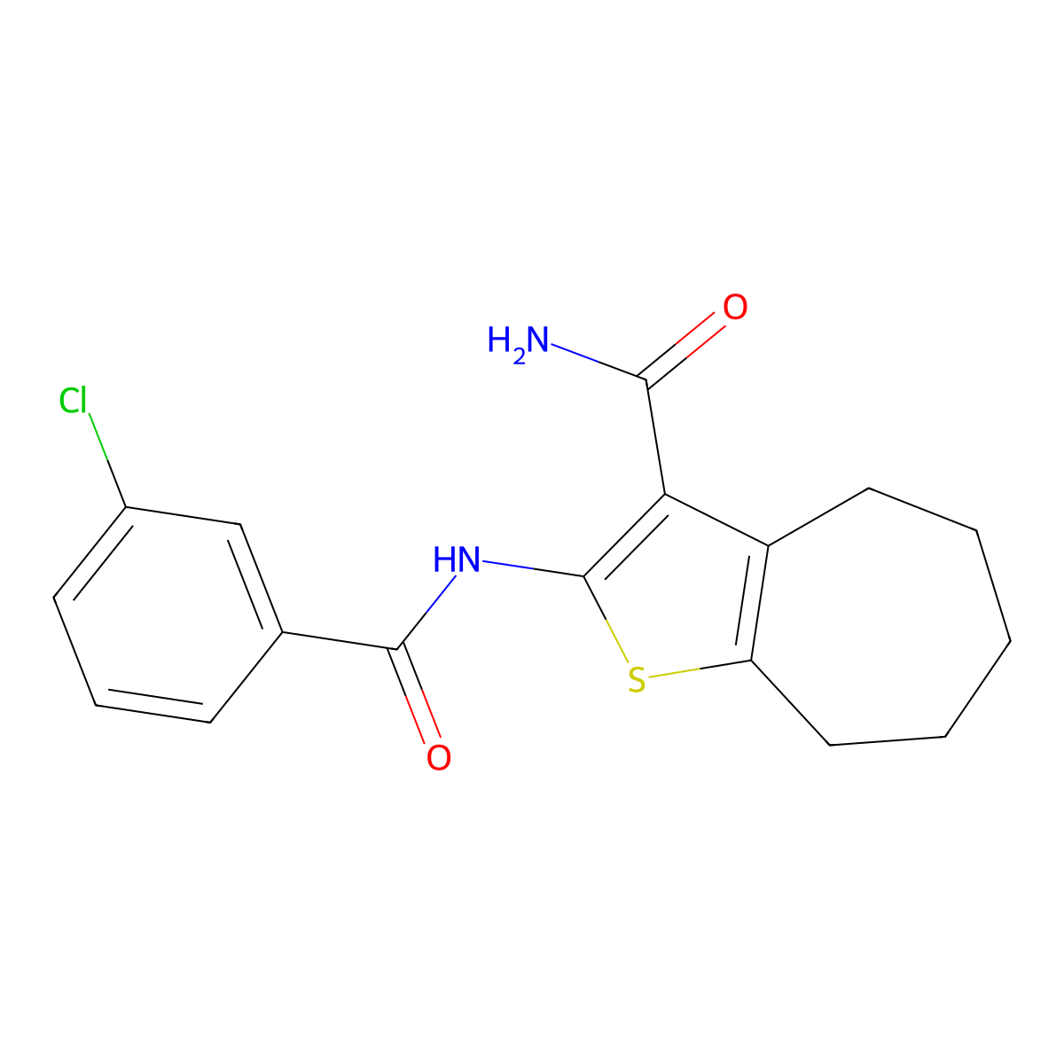 2-(3-chlorobenzamido)-5,6,7,8-tetrahydro-4H-cyclohepta[b]thiophene-3-carboxamide molecular structure, CAS 477493-85-9