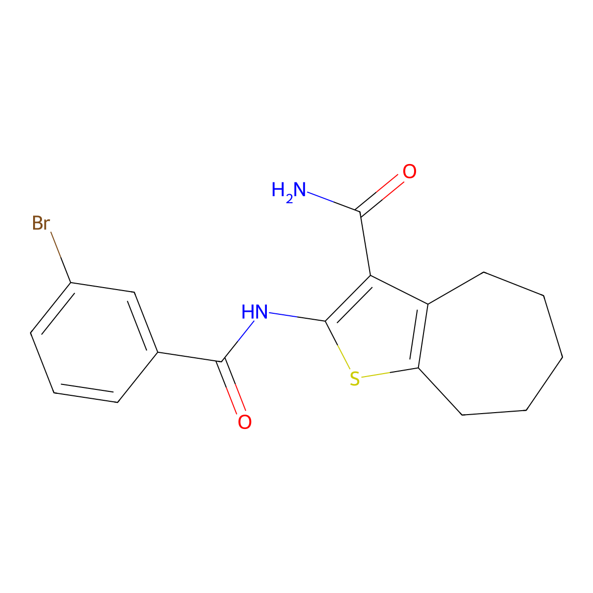 2-(3-bromobenzamido)-5,6,7,8-tetrahydro-4H-cyclohepta[b]thiophene-3-carboxamide molecular structure, CAS 477493-87-1