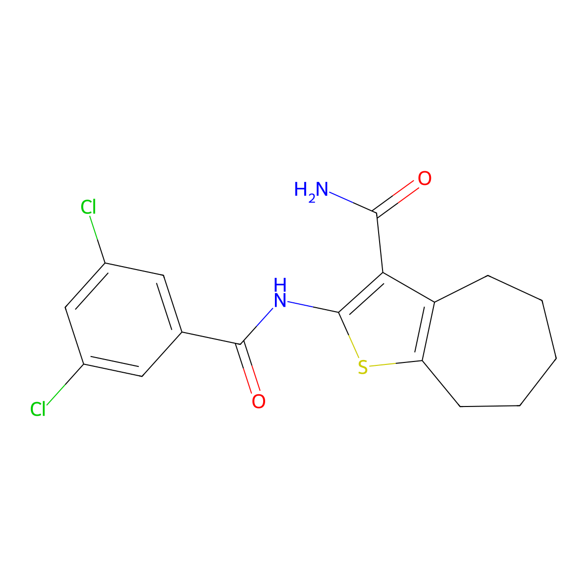 2-(3,5-dichlorobenzamido)-5,6,7,8-tetrahydro-4H-cyclohepta[b]thiophene-3-carboxamide molecular structure, CAS 477494-07-8