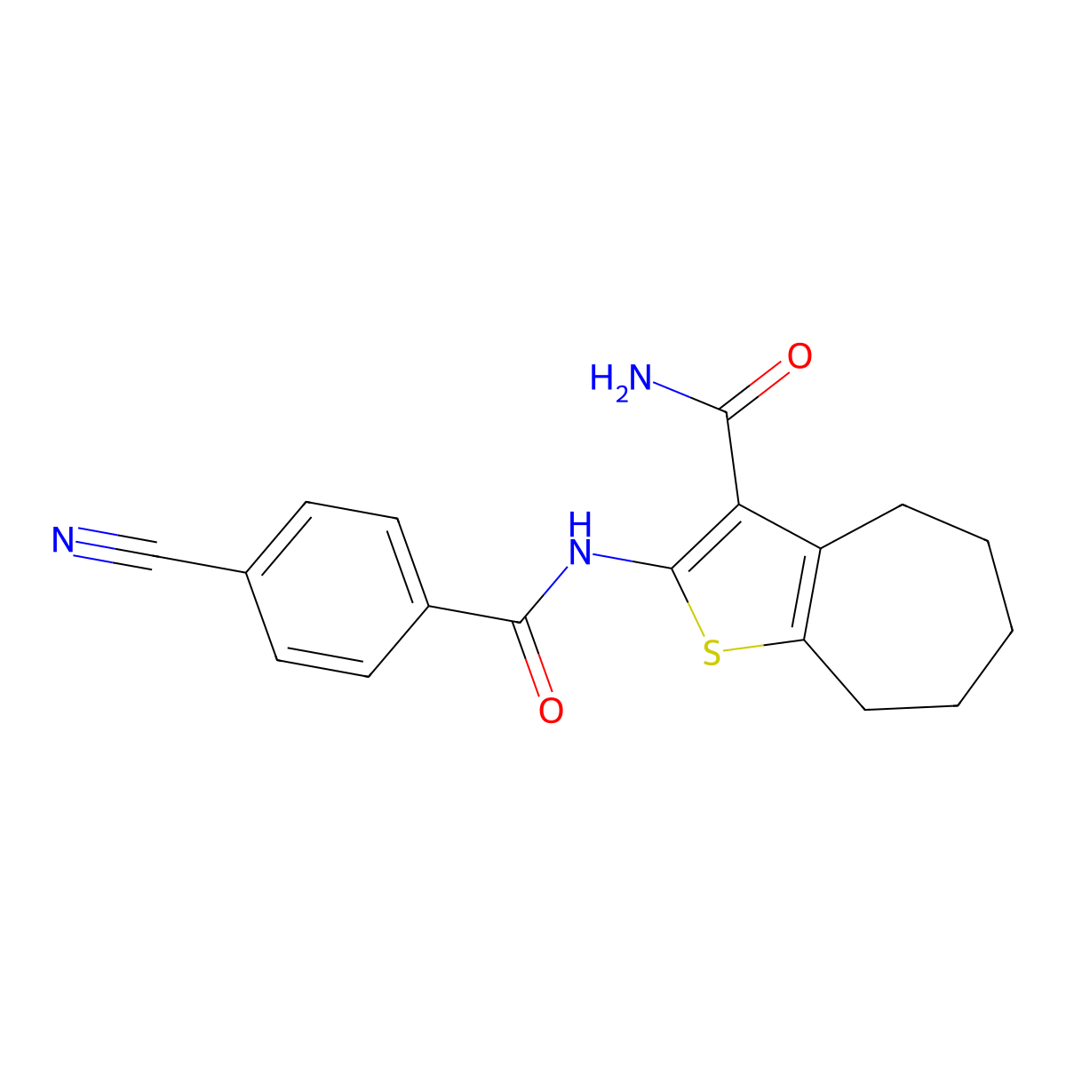 2-(4-cyanobenzamido)-5,6,7,8-tetrahydro-4H-cyclohepta[b]thiophene-3-carboxamide molecular structure, CAS 477494-19-2