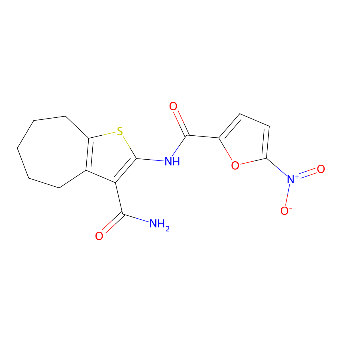 N-(3-carbamoyl-5,6,7,8-tetrahydro-4H-cyclohepta[b]thiophen-2-yl)-5-nitrofuran-2-carboxamide molecular structure, CAS 477494-33-0