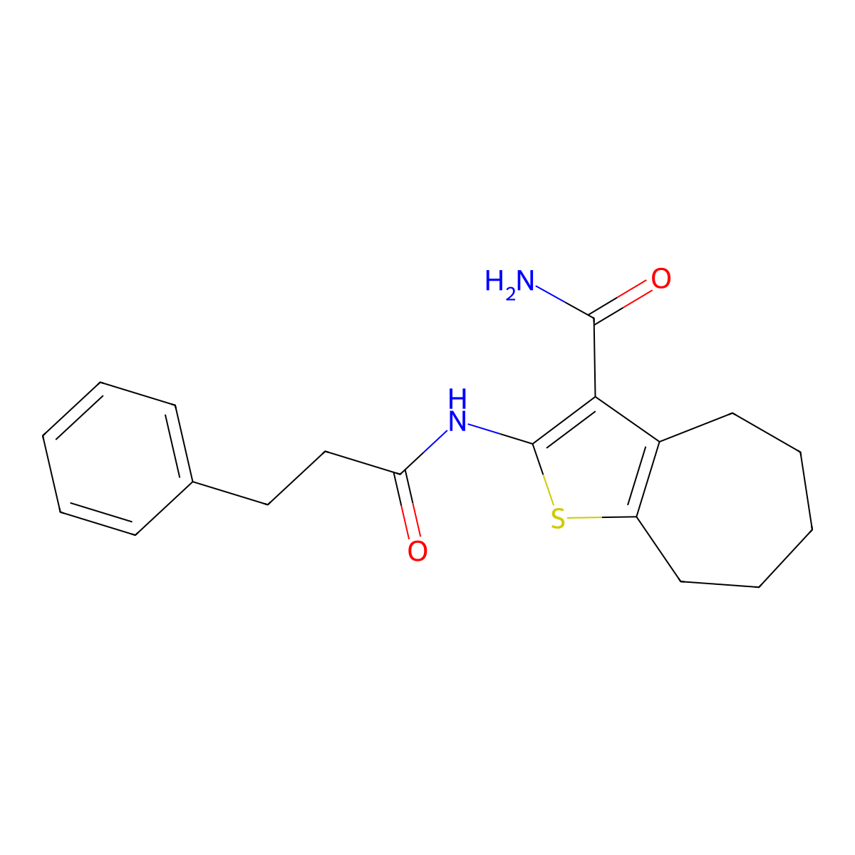 2-(3-phenylpropanamido)-5,6,7,8-tetrahydro-4H-cyclohepta[b]thiophene-3-carboxamide molecular structure, CAS 477494-59-0