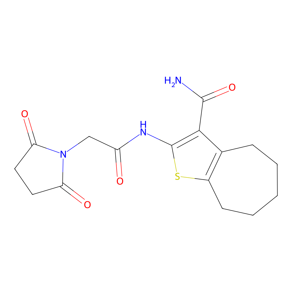 2-(2-(2,5-dioxopyrrolidin-1-yl)acetamido)-5,6,7,8-tetrahydro-4H-cyclohepta[b]thiophene-3-carboxamide molecular structure, CAS 477494-65-8