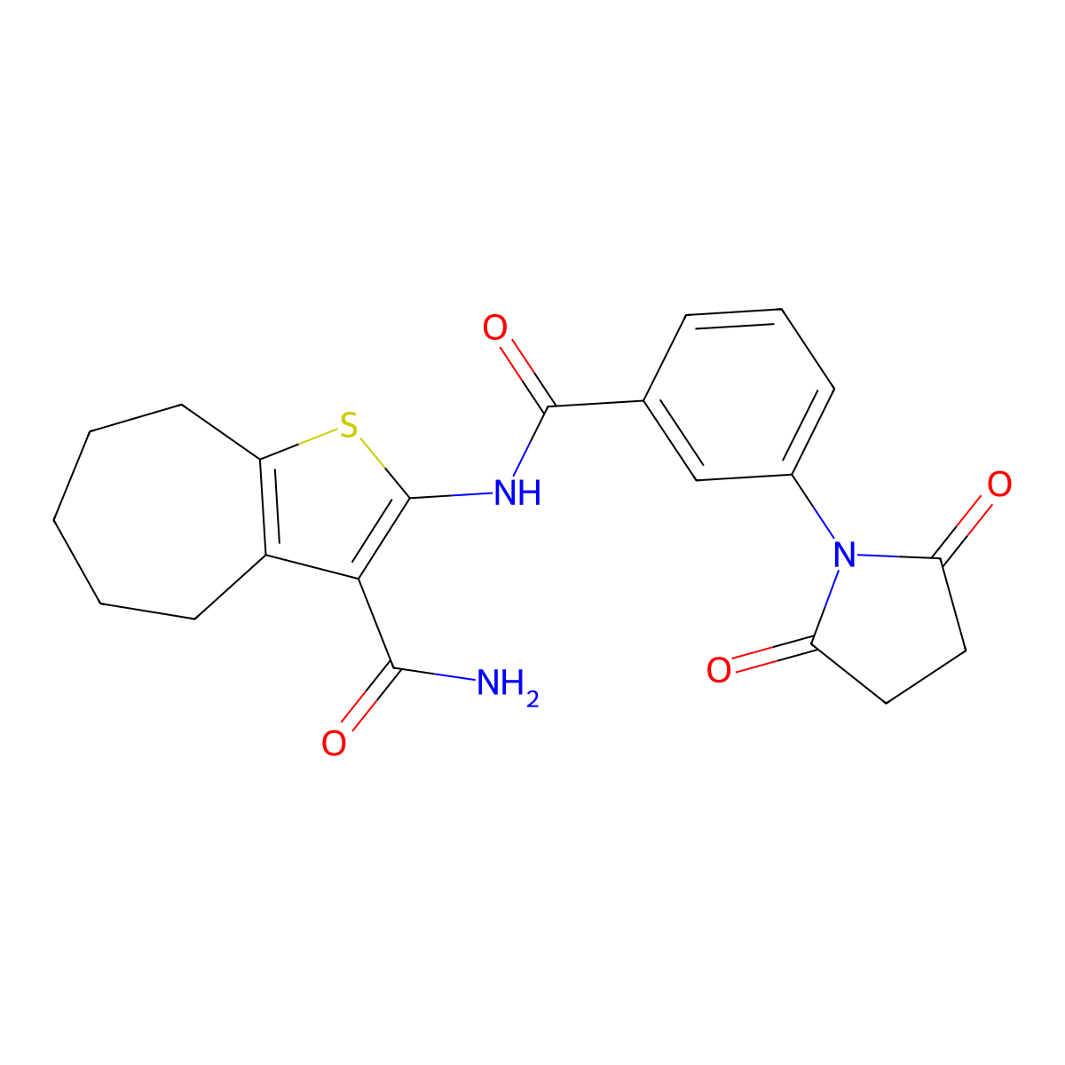 2-(3-(2,5-dioxopyrrolidin-1-yl)benzamido)-5,6,7,8-tetrahydro-4H-cyclohepta[b]thiophene-3-carboxamide molecular structure, CAS 477494-67-0