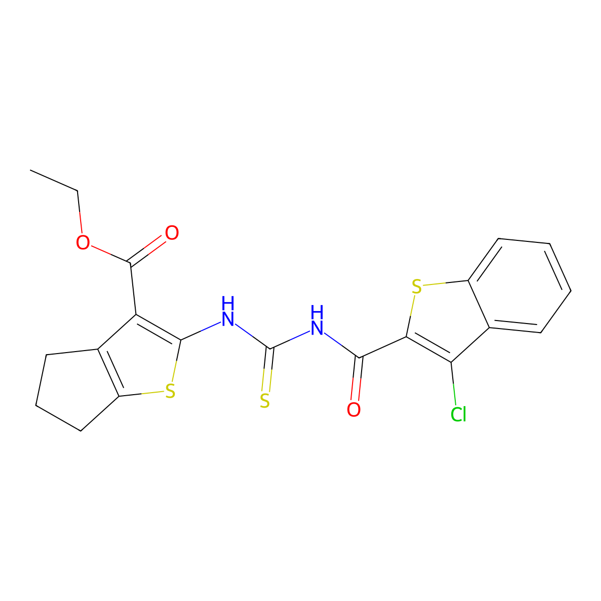 ethyl 2-(3-(3-chlorobenzo[b]thiophene-2-carbonyl)thioureido)-5,6-dihydro-4H-cyclopenta[b]thiophene-3-carboxylate molecular structure, CAS 477495-37-7