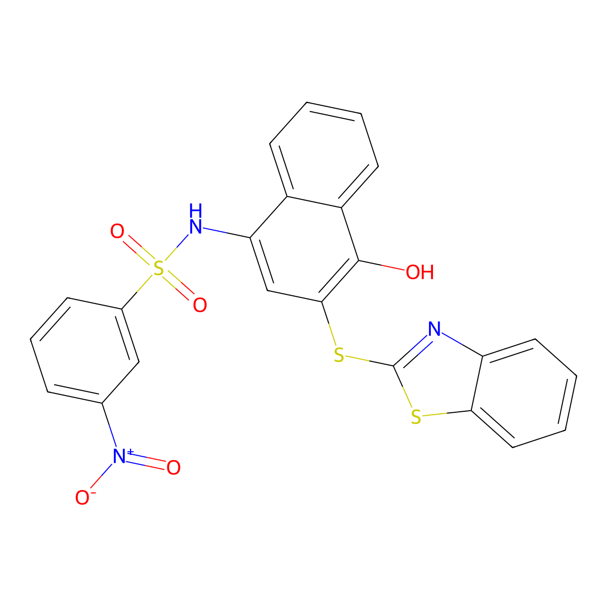 N-(3-(benzo[d]thiazol-2-ylthio)-4-hydroxynaphthalen-1-yl)-3-nitrobenzenesulfonamide molecular structure, CAS 477498-94-5