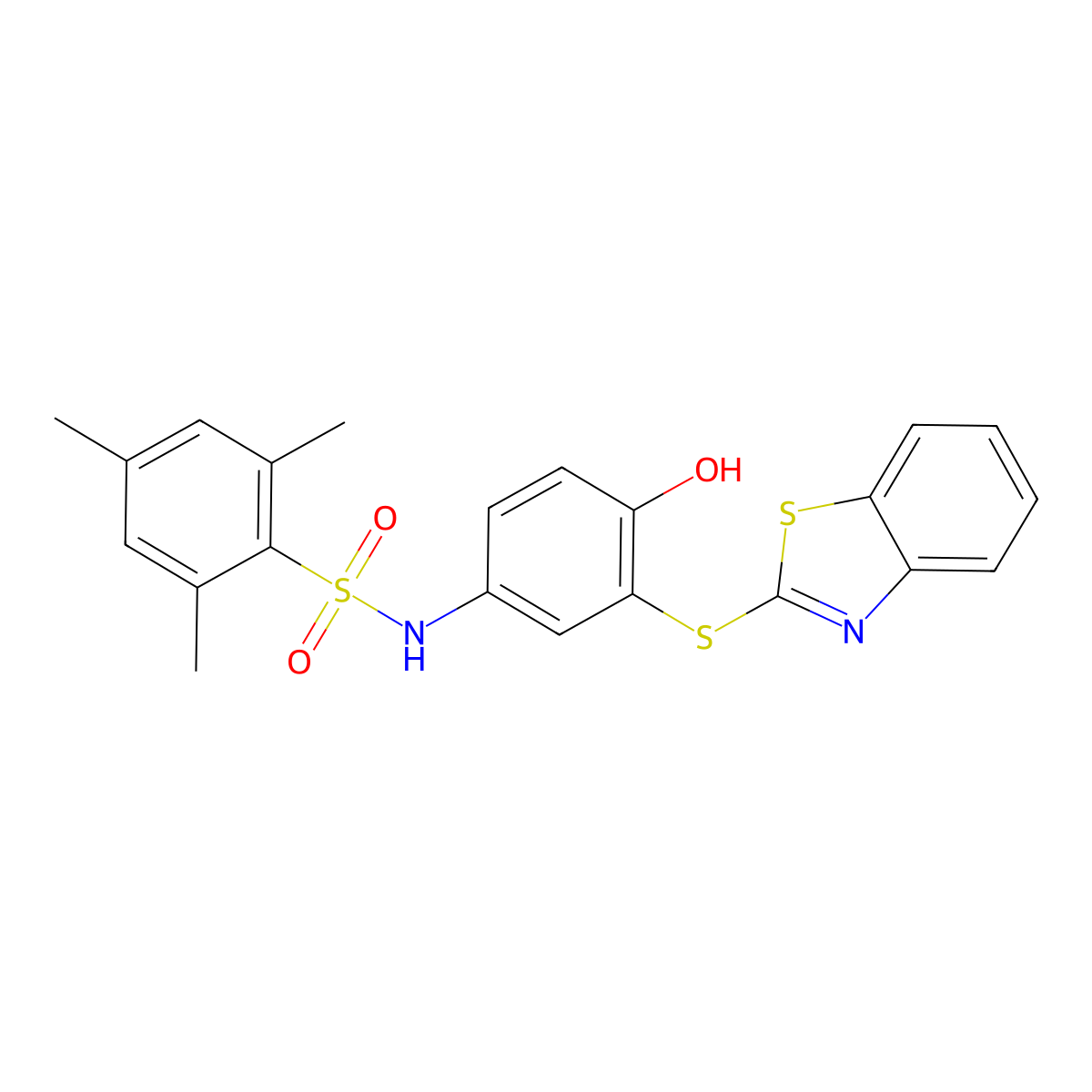 N-(3-(benzo[d]thiazol-2-ylthio)-4-hydroxyphenyl)-2,4,6-trimethylbenzenesulfonamide molecular structure, CAS 477499-00-6