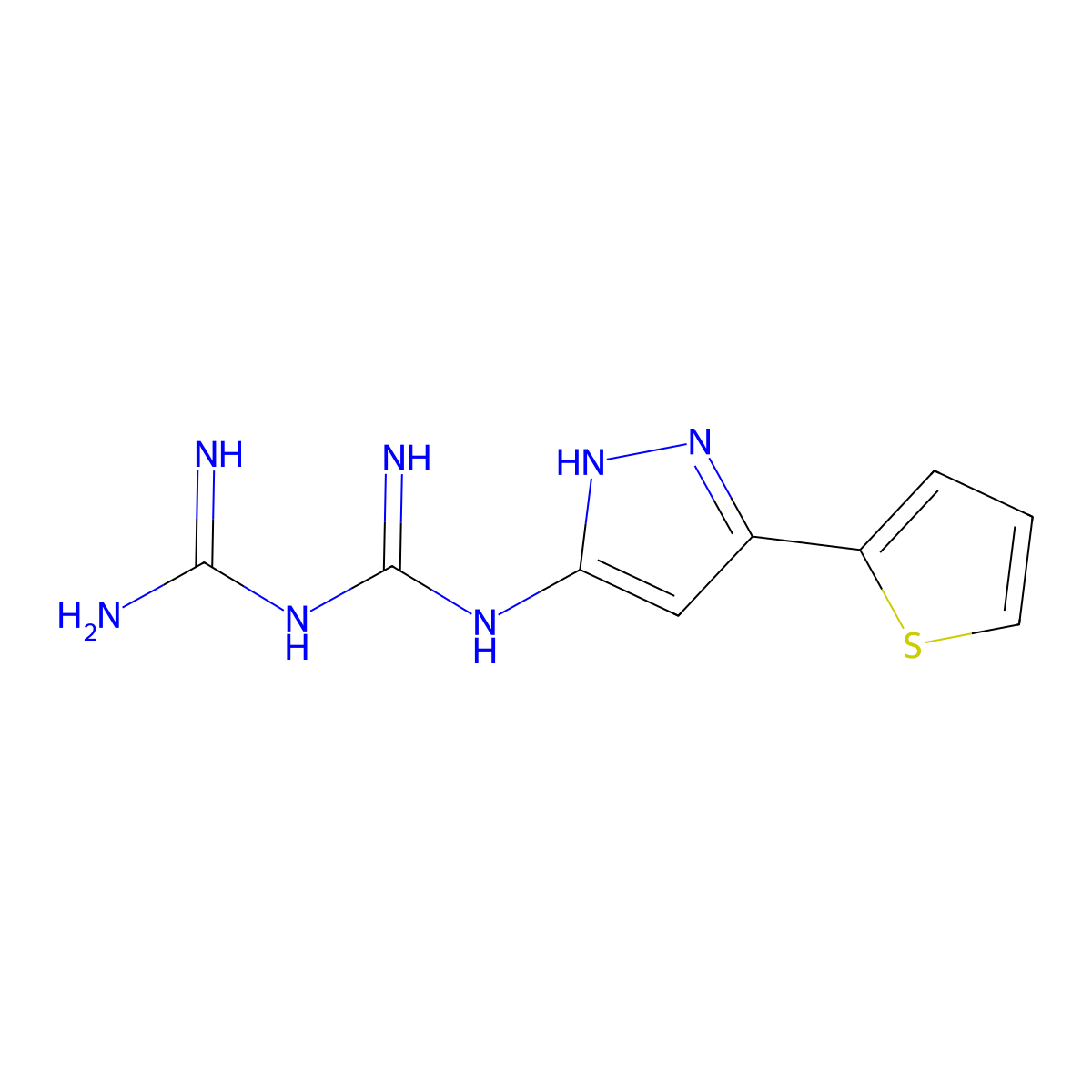 1-(diaminomethylidene)-2-(5-thiophen-2-yl-1H-pyrazol-3-yl)guanidine molecular structure, CAS 4775-07-9