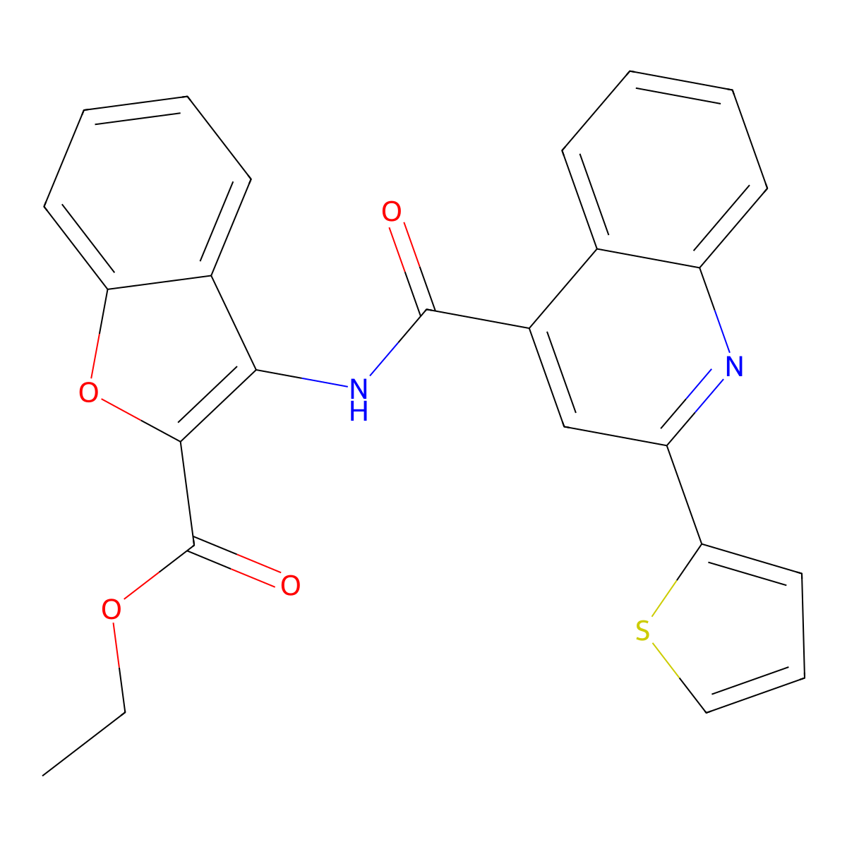 Ethyl 3-(2-(thiophen-2-yl)quinoline-4-carboxamido)benzofuran-2-carboxylate molecular structure, CAS 477500-81-5