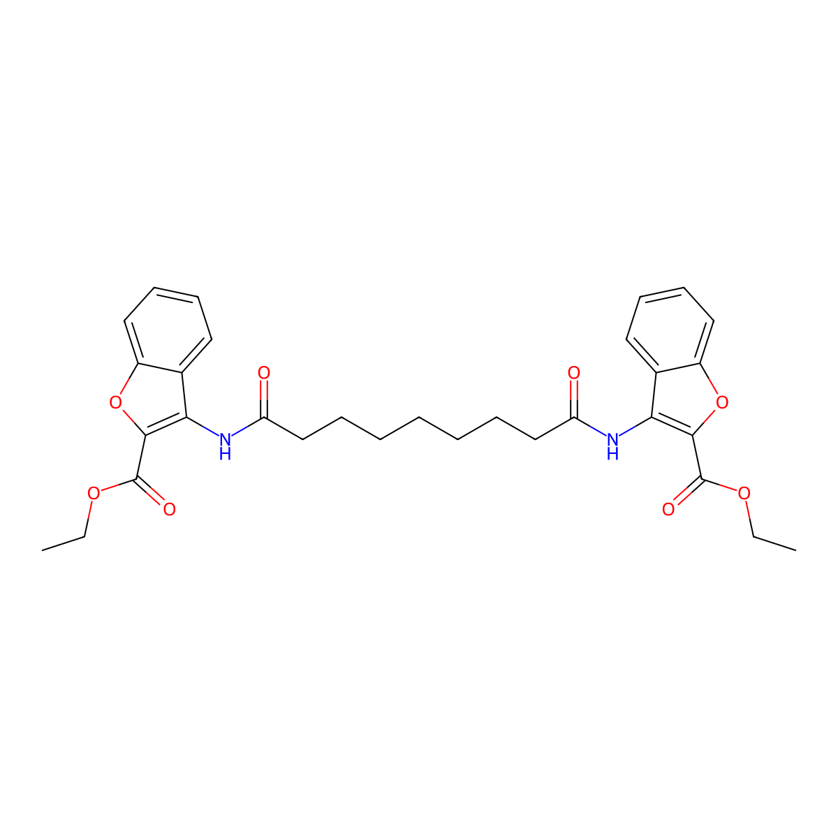 Ethyl 3-[[9-[(2-ethoxycarbonyl-1-benzofuran-3-yl)amino]-9-oxononanoyl]amino]-1-benzofuran-2-carboxylate molecular structure, CAS 477502-22-0