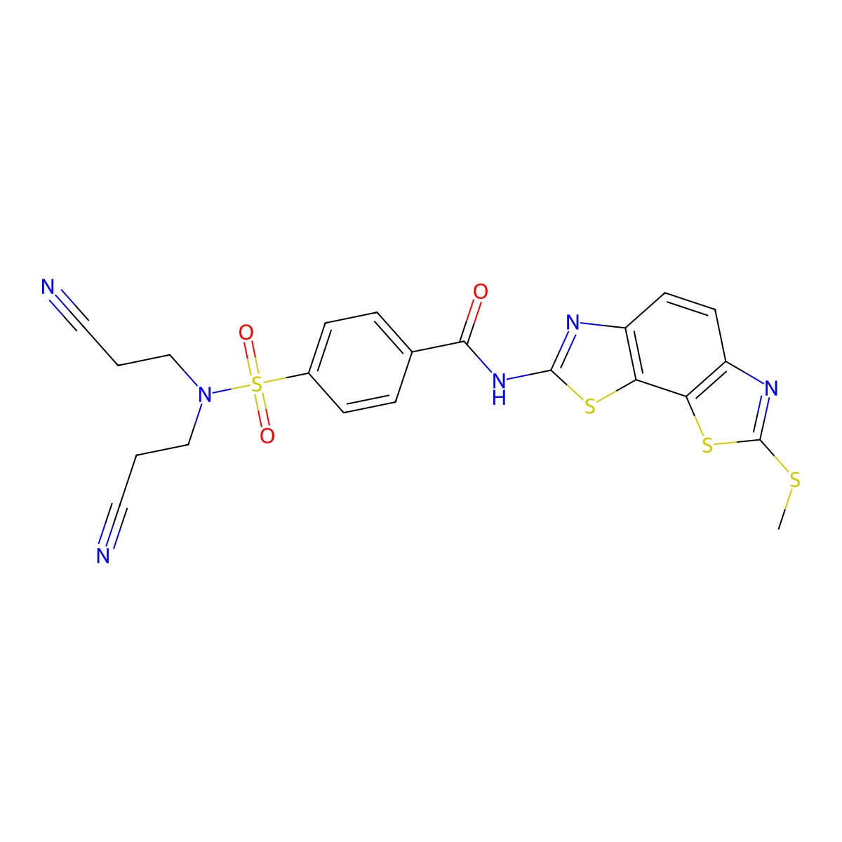 4-[bis(2-cyanoethyl)sulfamoyl]-N-(2-methylsulfanyl-[1,3]thiazolo[4,5-g][1,3]benzothiazol-7-yl)benzamide molecular structure, CAS 477503-52-9