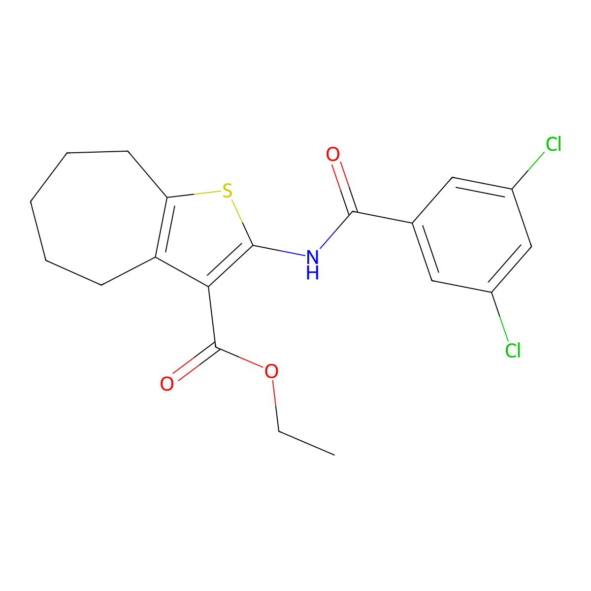 ethyl 2-(3,5-dichlorobenzamido)-5,6,7,8-tetrahydro-4H-cyclohepta[b]thiophene-3-carboxylate molecular structure, CAS 477504-67-9