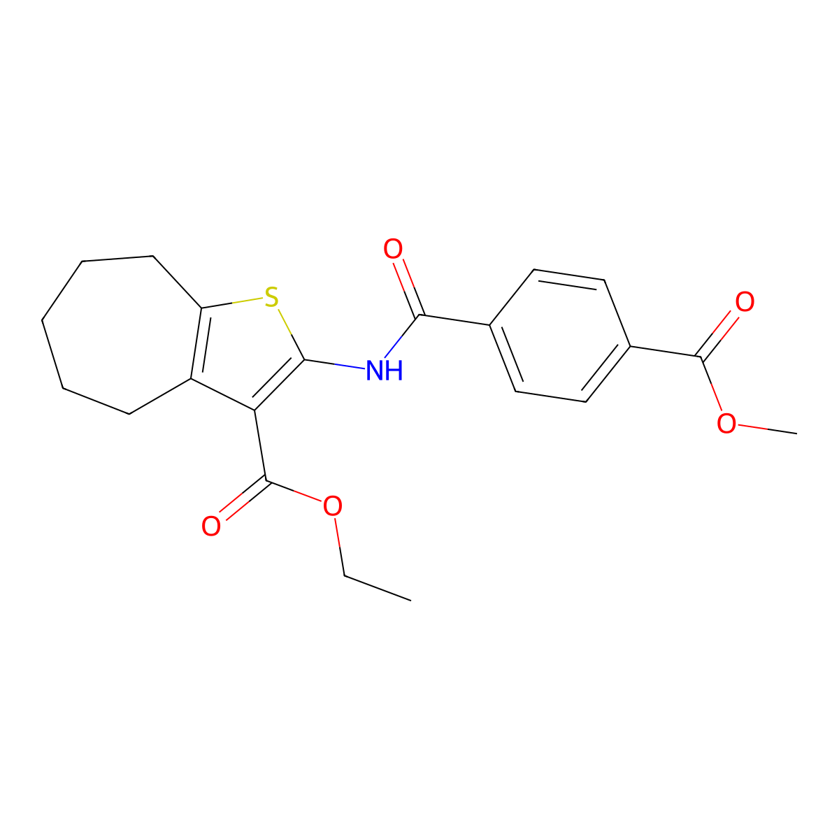 ethyl 2-(4-(methoxycarbonyl)benzamido)-5,6,7,8-tetrahydro-4H-cyclohepta[b]thiophene-3-carboxylate molecular structure, CAS 477504-95-3