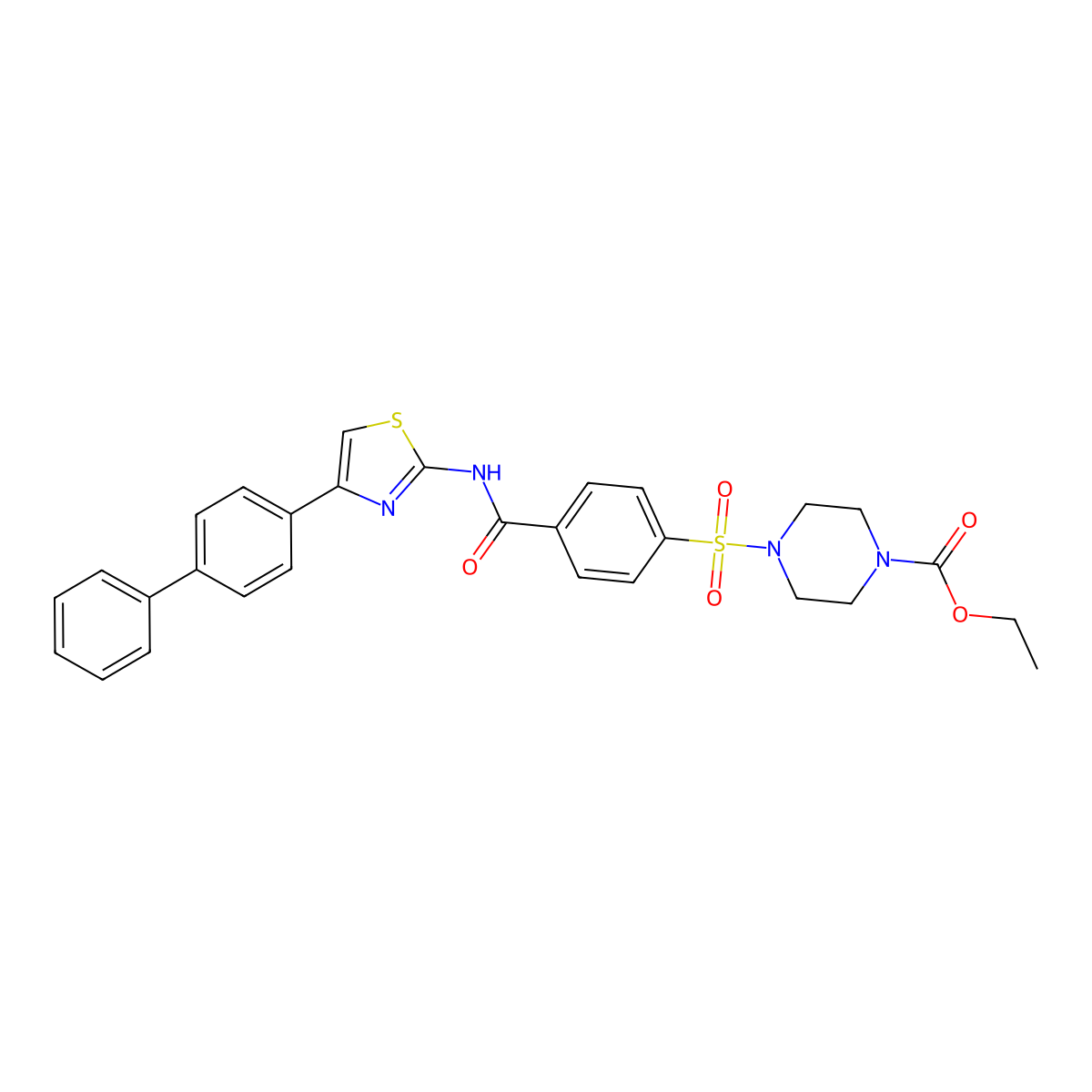 Ethyl 4-[4-[[4-(4-phenylphenyl)-1,3-thiazol-2-yl]carbamoyl]phenyl]sulfonylpiperazine-1-carboxylate molecular structure, CAS 477507-53-2