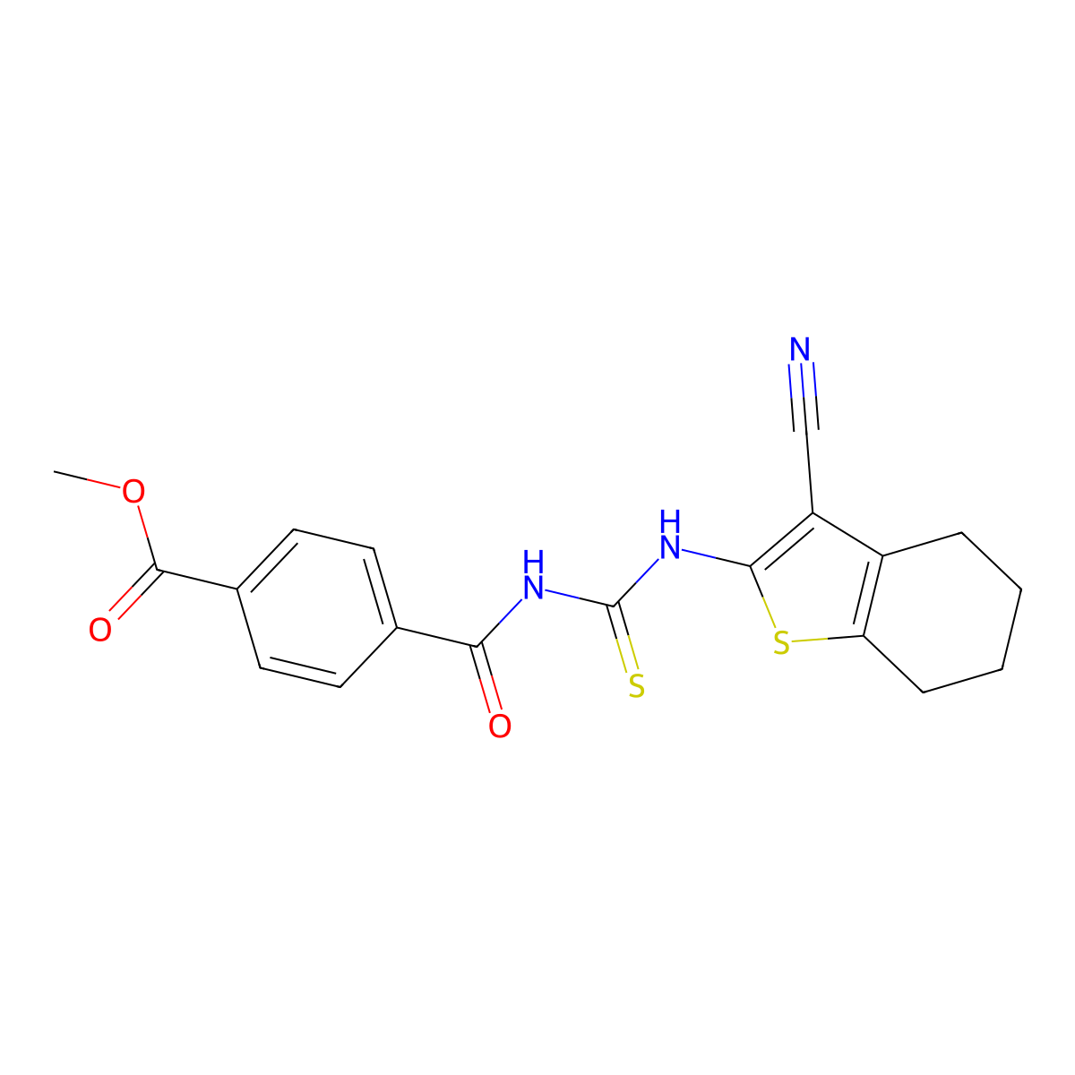Methyl 4-(((3-cyano-4,5,6,7-tetrahydrobenzo[b]thiophen-2-yl)carbamothioyl)carbamoyl)benzoate molecular structure, CAS 477508-71-7