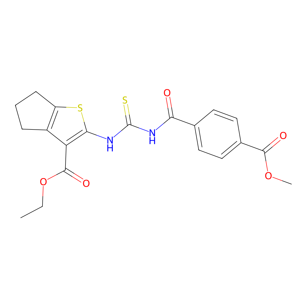 ethyl 2-[(4-methoxycarbonylbenzoyl)carbamothioylamino]-5,6-dihydro-4H-cyclopenta[b]thiophene-3-carboxylate molecular structure, CAS 477508-79-5