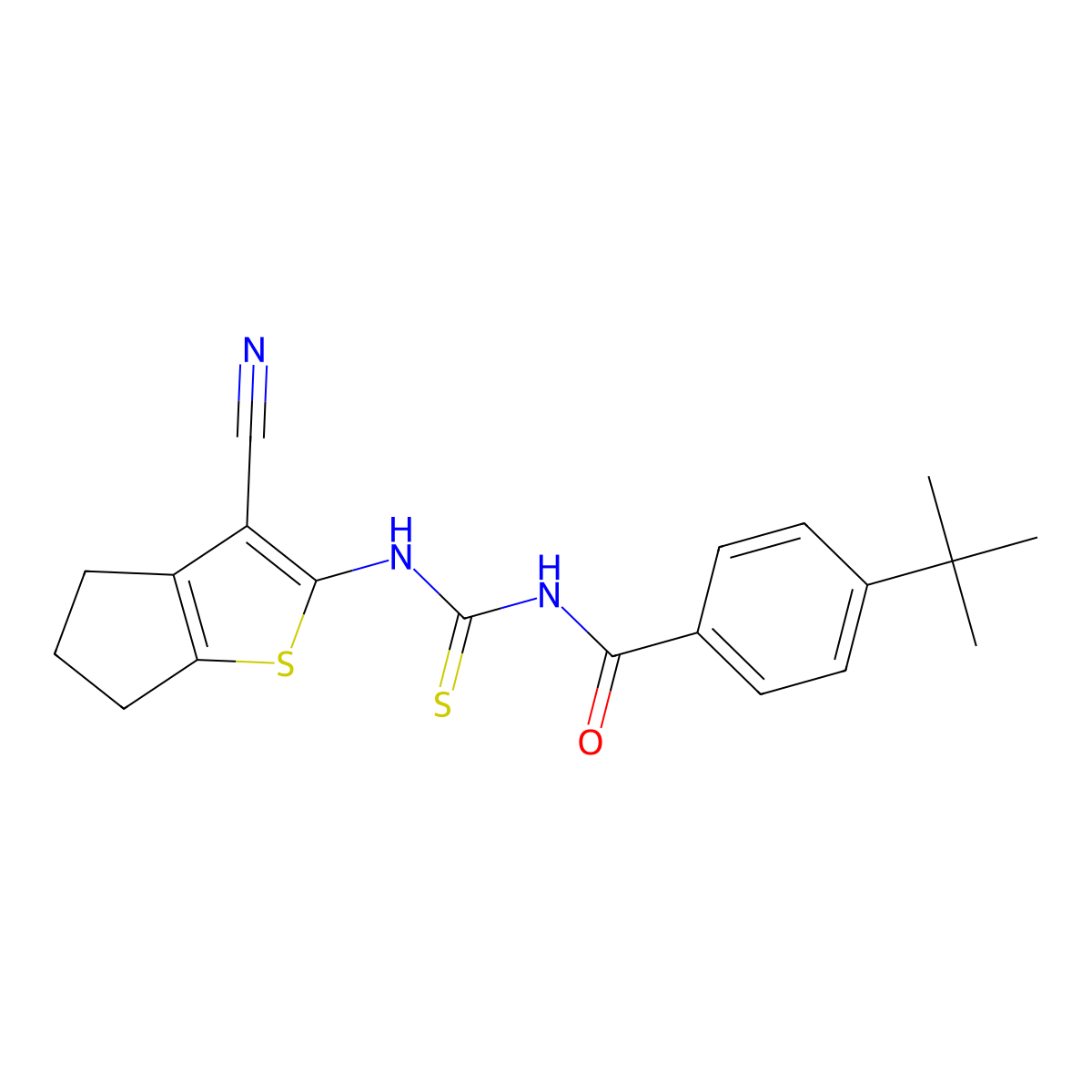 4-(tert-butyl)-N-((3-cyano-5,6-dihydro-4H-cyclopenta[b]thiophen-2-yl)carbamothioyl)benzamide molecular structure, CAS 477508-82-0