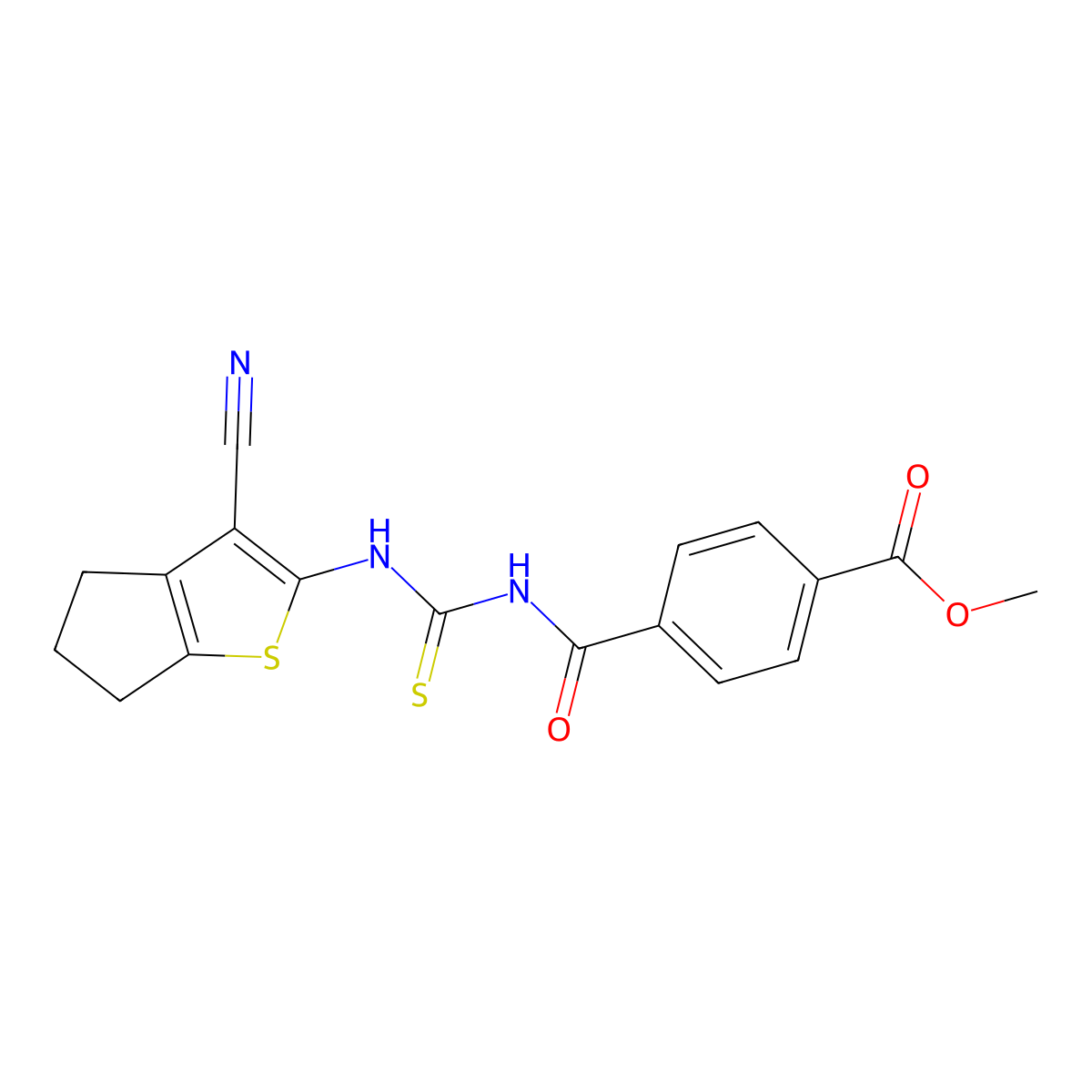 methyl 4-(((3-cyano-5,6-dihydro-4H-cyclopenta[b]thiophen-2-yl)carbamothioyl)carbamoyl)benzoate molecular structure, CAS 477508-84-2