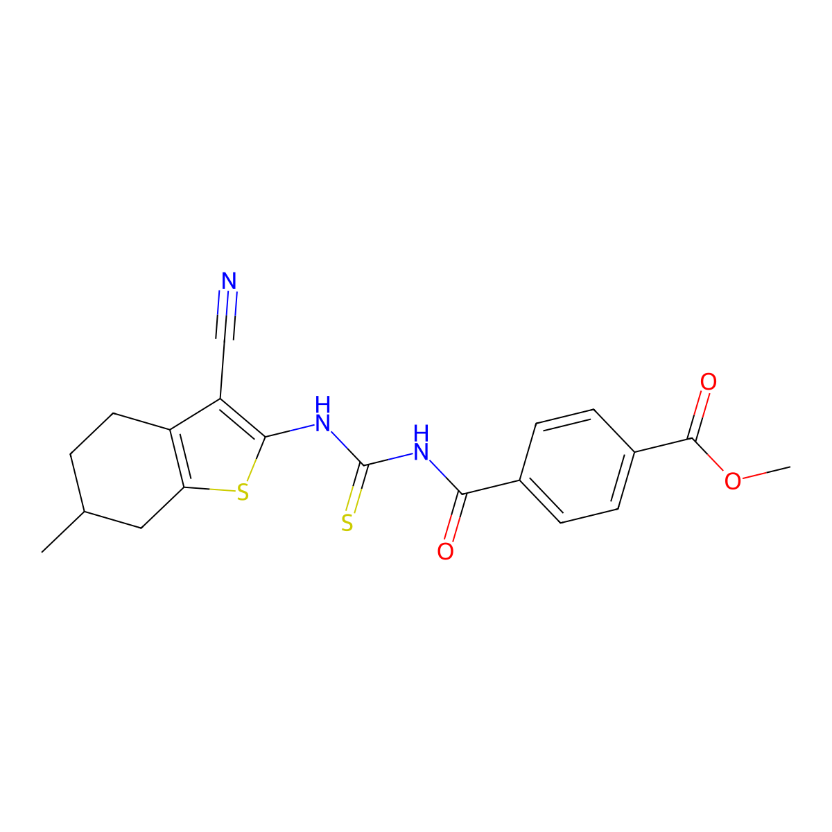 Methyl 4-(((3-cyano-6-methyl-4,5,6,7-tetrahydrobenzo[b]thiophen-2-yl)carbamothioyl)carbamoyl)benzoate molecular structure, CAS 477508-88-6