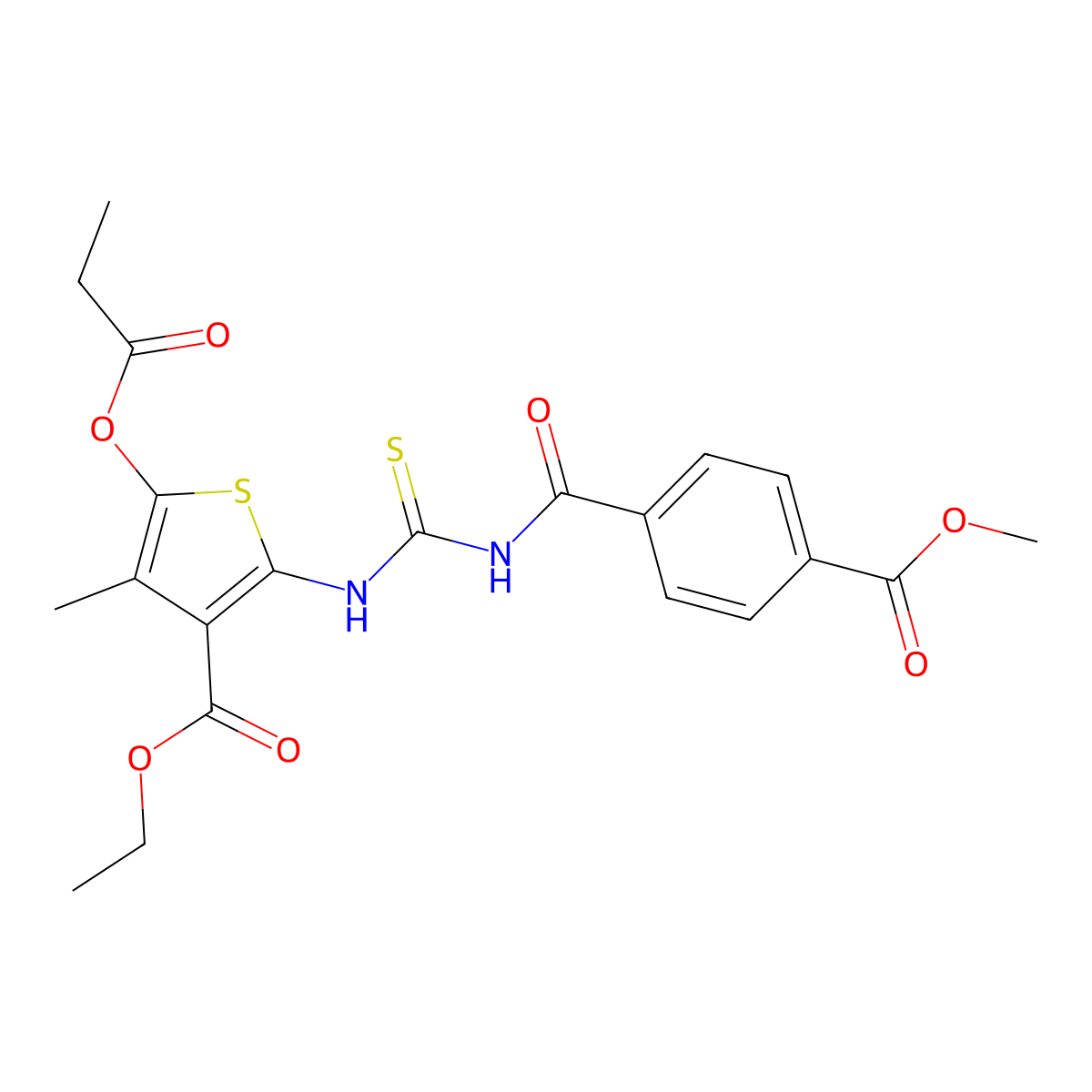 Ethyl 2-[(4-methoxycarbonylbenzoyl)carbamothioylamino]-4-methyl-5-propanoyloxythiophene-3-carboxylate molecular structure, CAS 477509-21-0